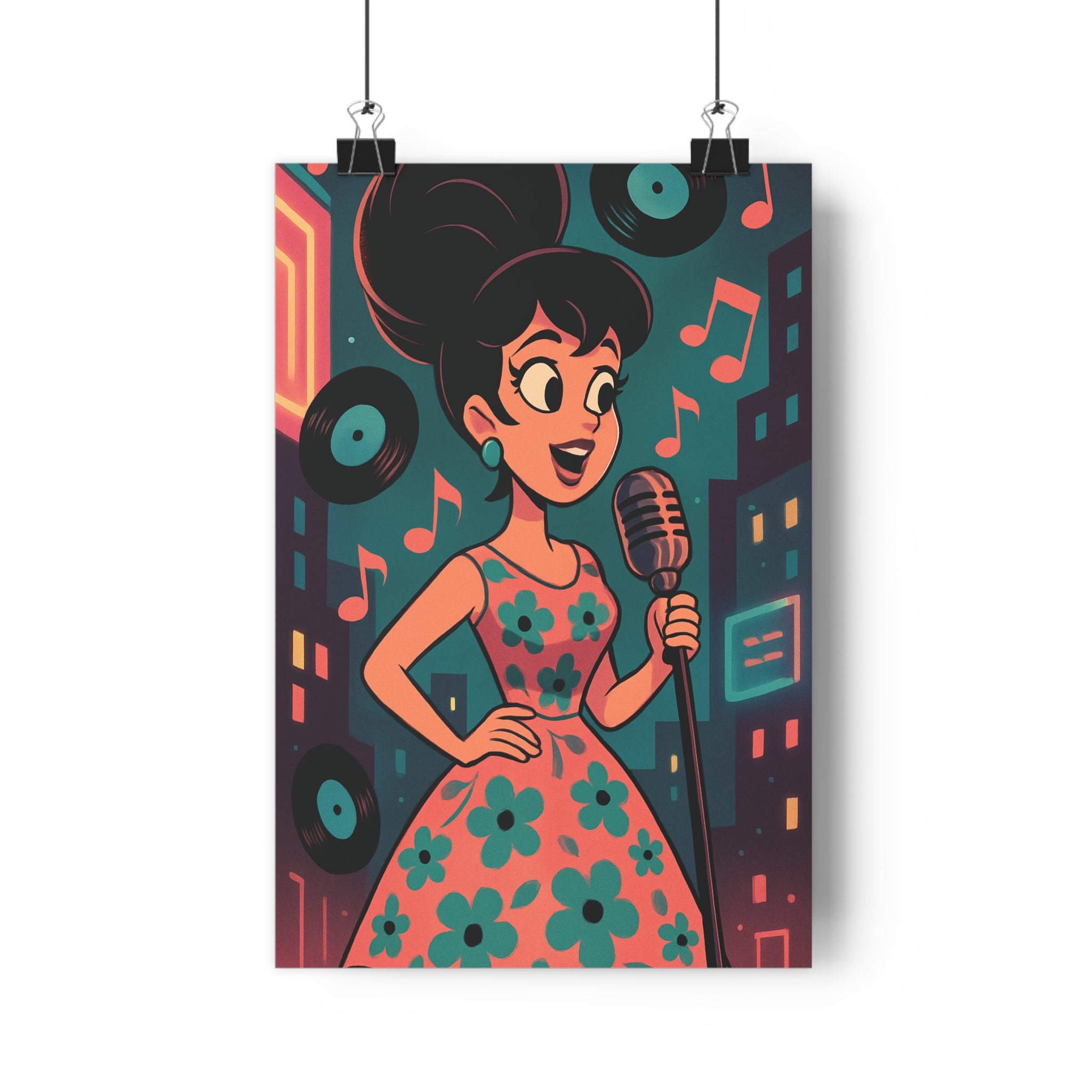 Poster décoratif chanteuse rétro cartoon turquoise rose joyeux musique salon vintage chambre format 30x46