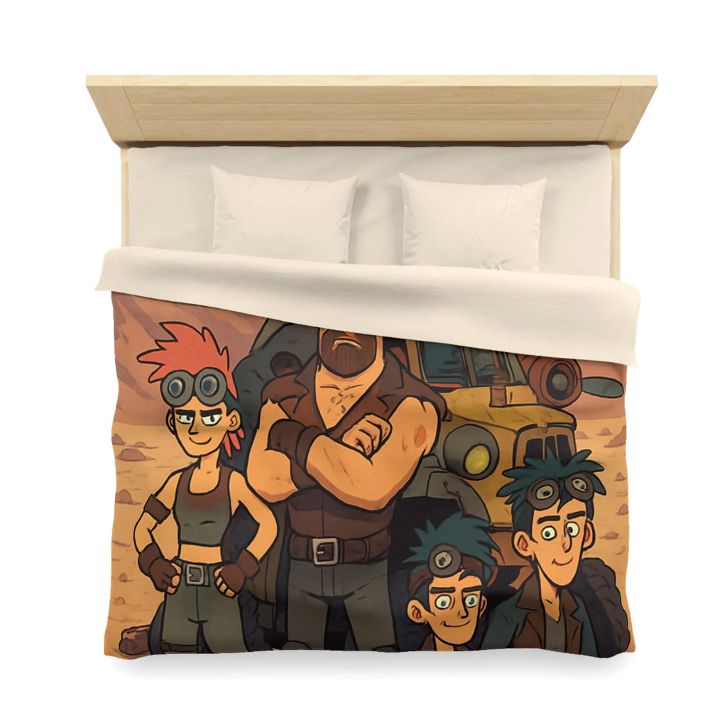 Housse de couette aventure désertique avec personnages et véhicule, style post-apocalyptique