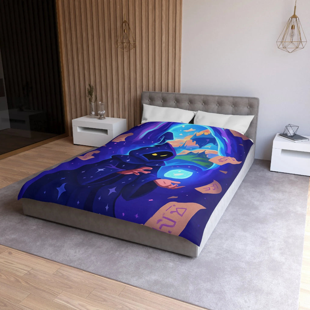 Housse de couette magique bleu nuit avec sorcier et château fantastique étoilé mystérieux