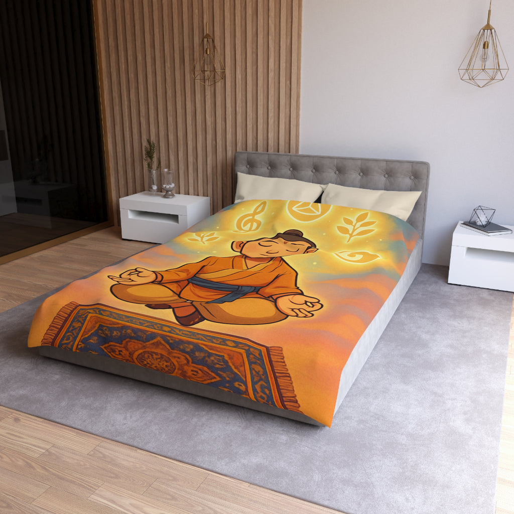 Housse de couette zen avec méditation, symboles spirituels, orange et bleu apaisant