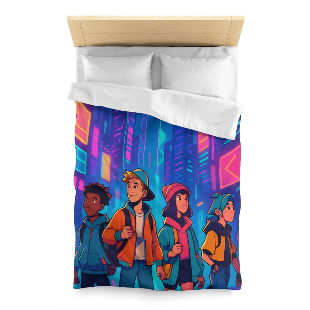 Couette Futuriste Enfants Explorateurs Style Rétro-Cyberpunk avec Néons Colorés pour Chambre Moderne