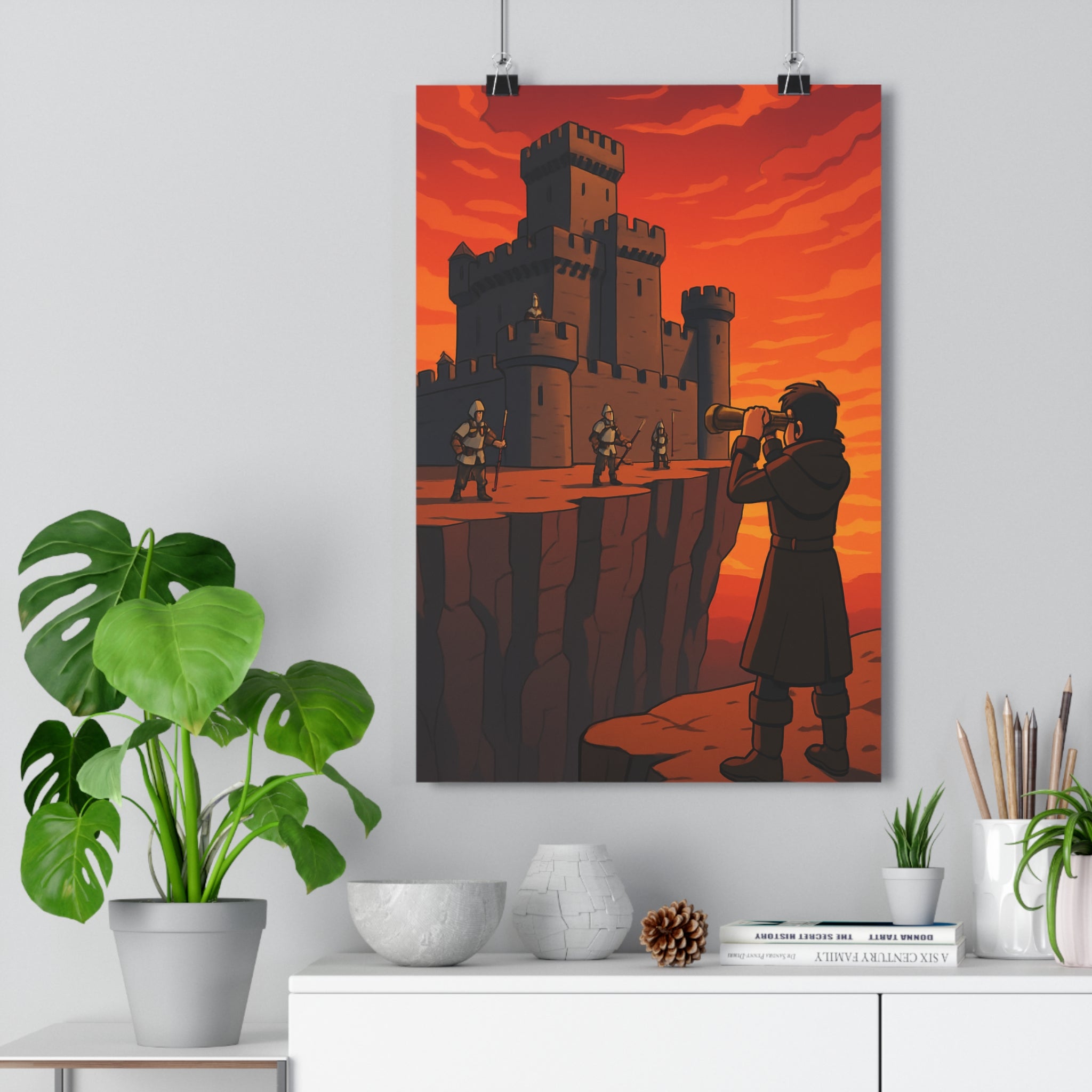 Poster décoratif mystique château dramatique flamboyant orange rouge salon chambre ambiance moderne unique qualité