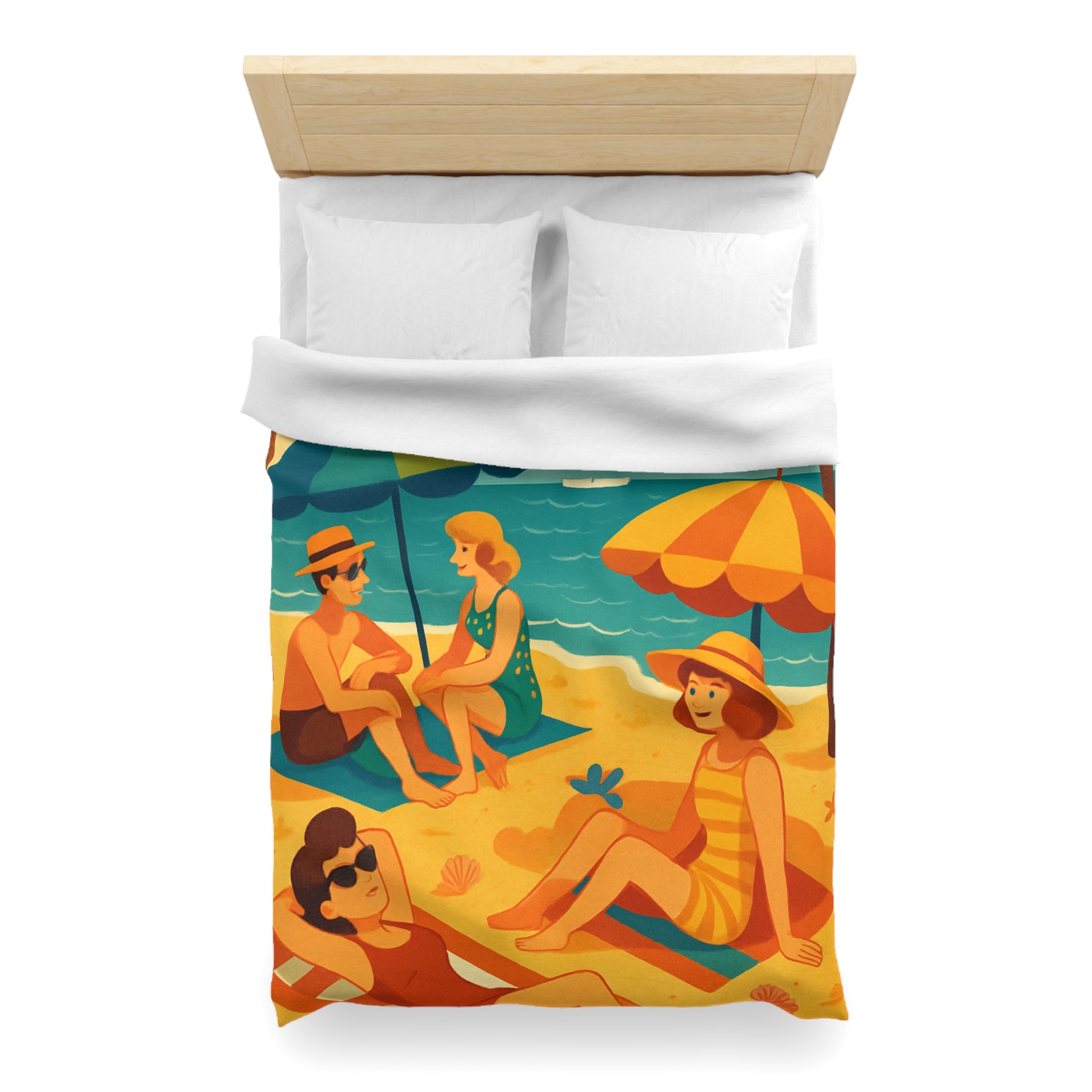 Housse de couette rétro plage colorée avec palmiers, parasols et amis au soleil