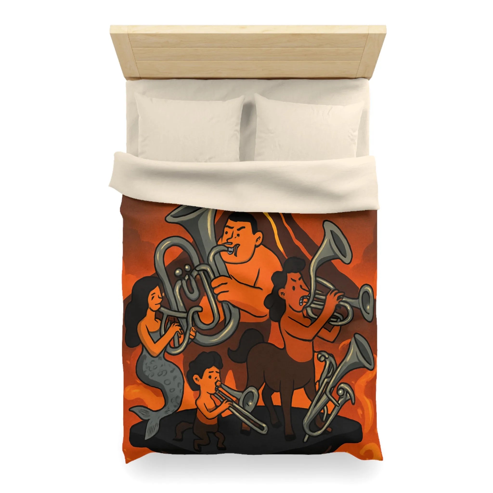 Housse de couette avec design mythique de musiciens sur fond volcanique flamboyant