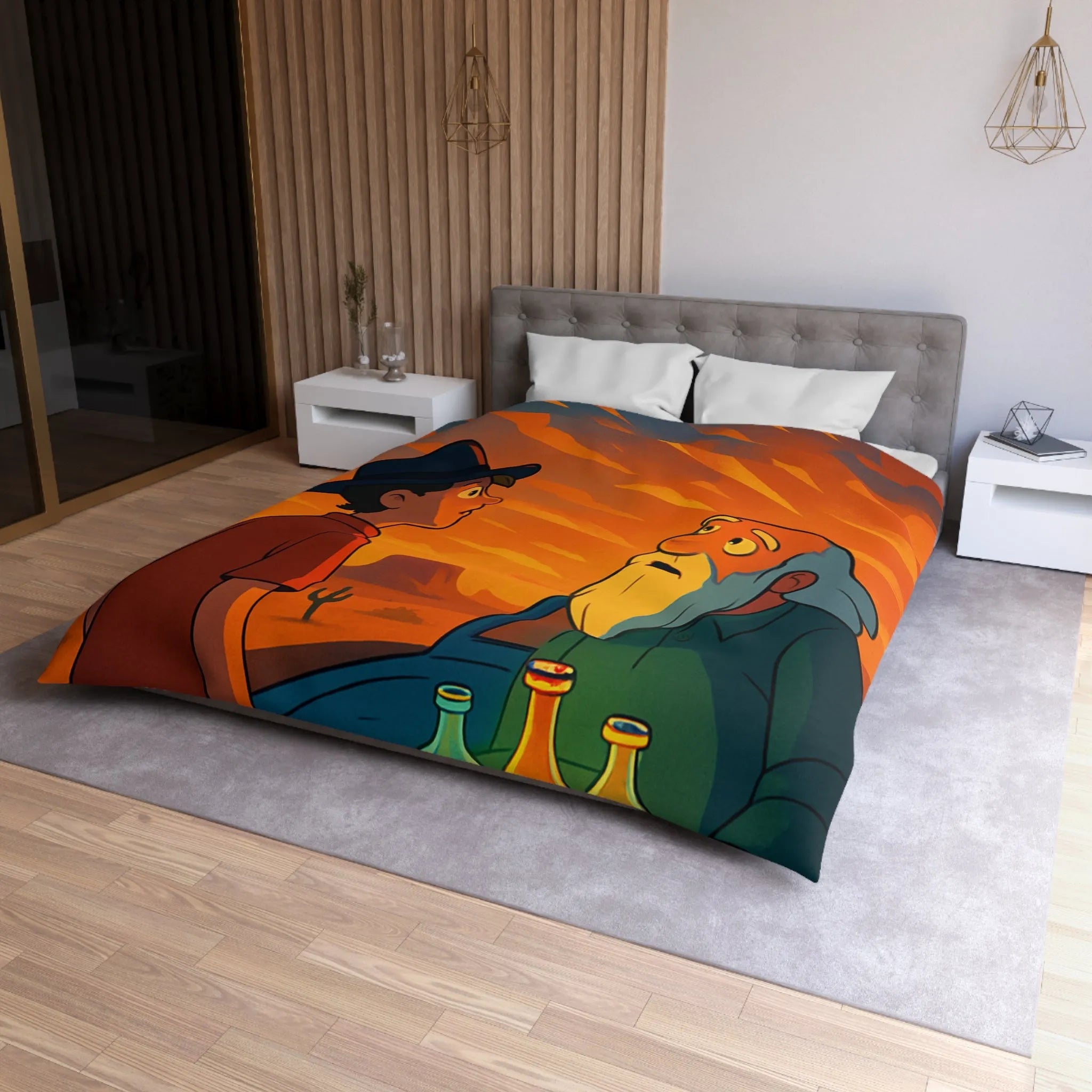 Housse de couette artistique coucher de soleil désertique avec flacons lumineux et personnages