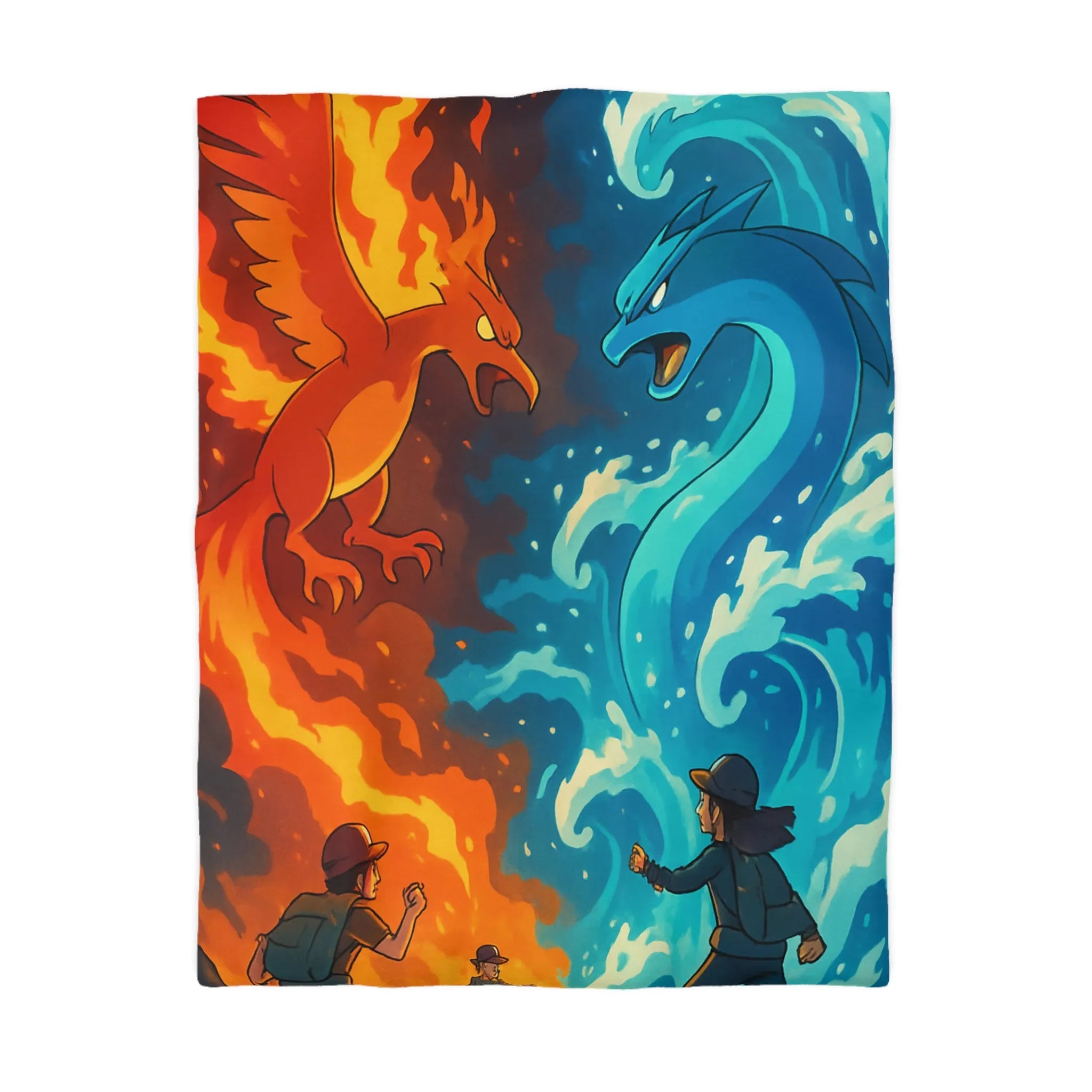 Housse de couette aventure épique avec créatures de feu et glace légendaires en duel