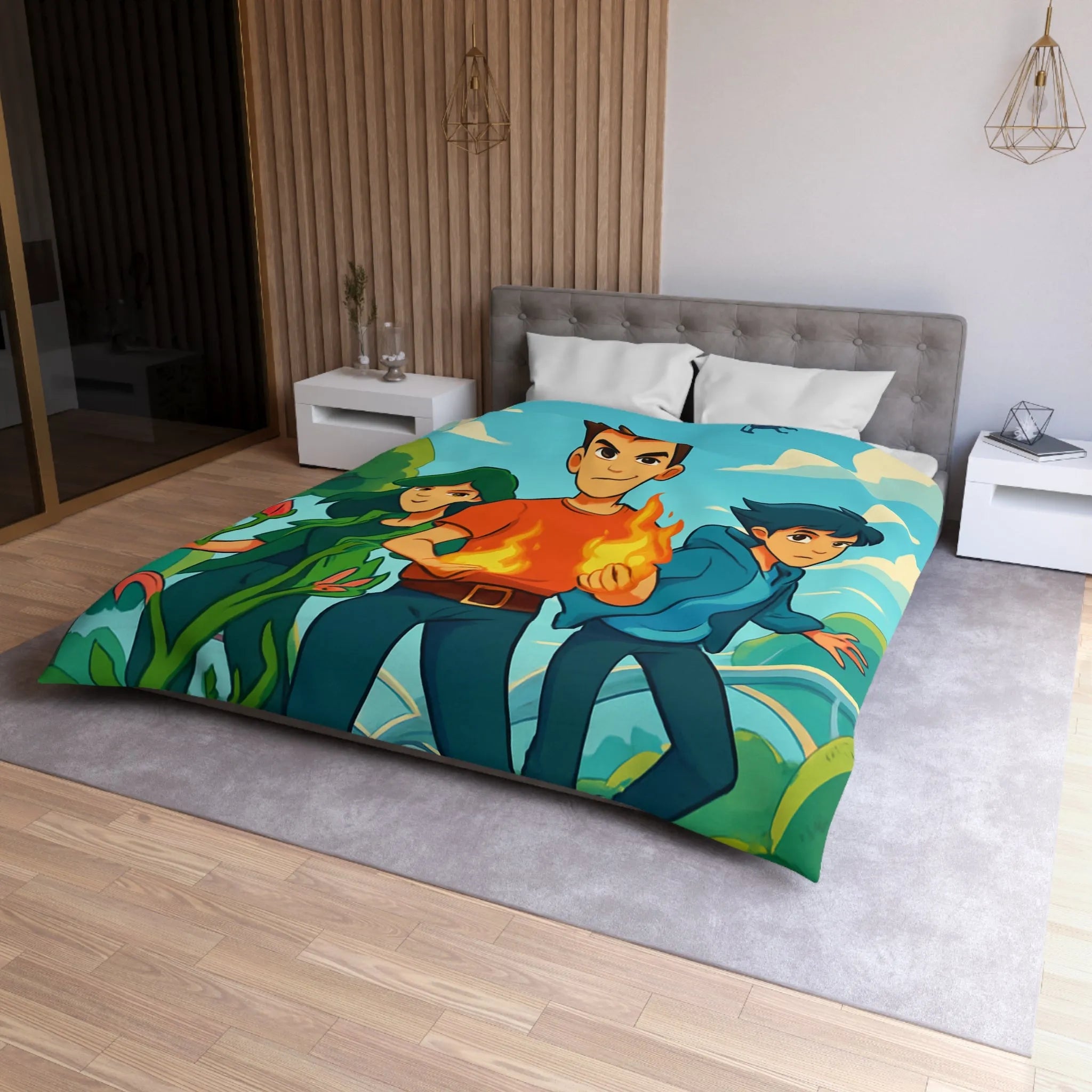 Housse de couette aventure jeune héros, nature et futur avec drones volants