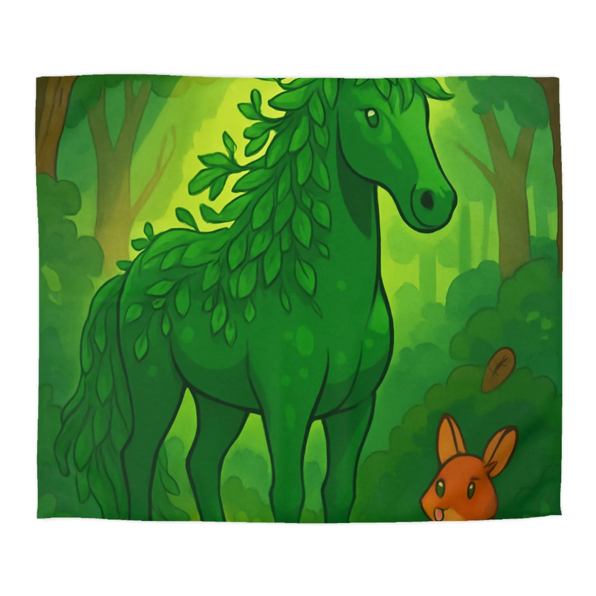 Housse de Couette Forêt Enchantée avec Cheval Vert et Animaux Sylvestres Amicaux