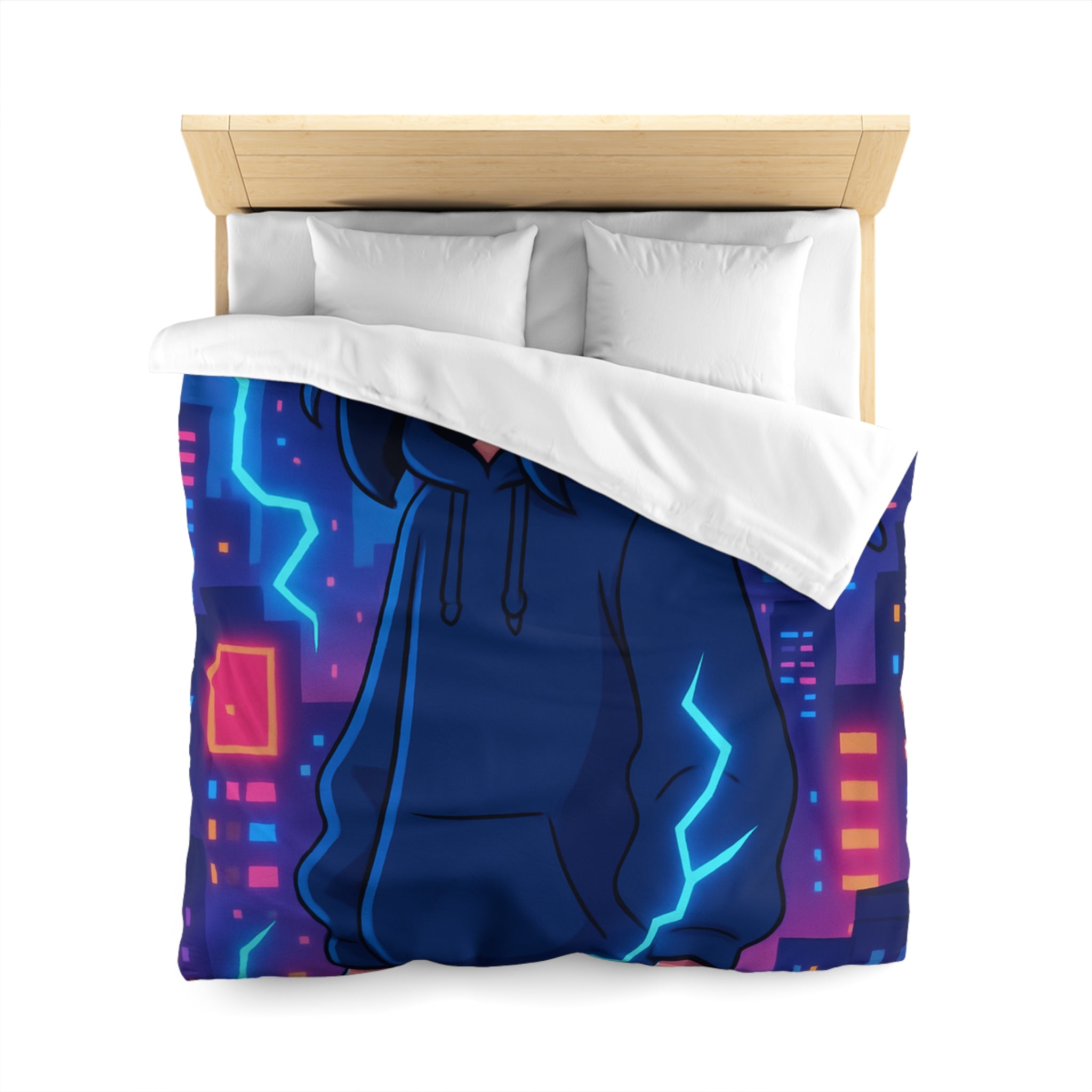 Tendance housse de couette bleu foncé avec motif urbain et perroquet électrique