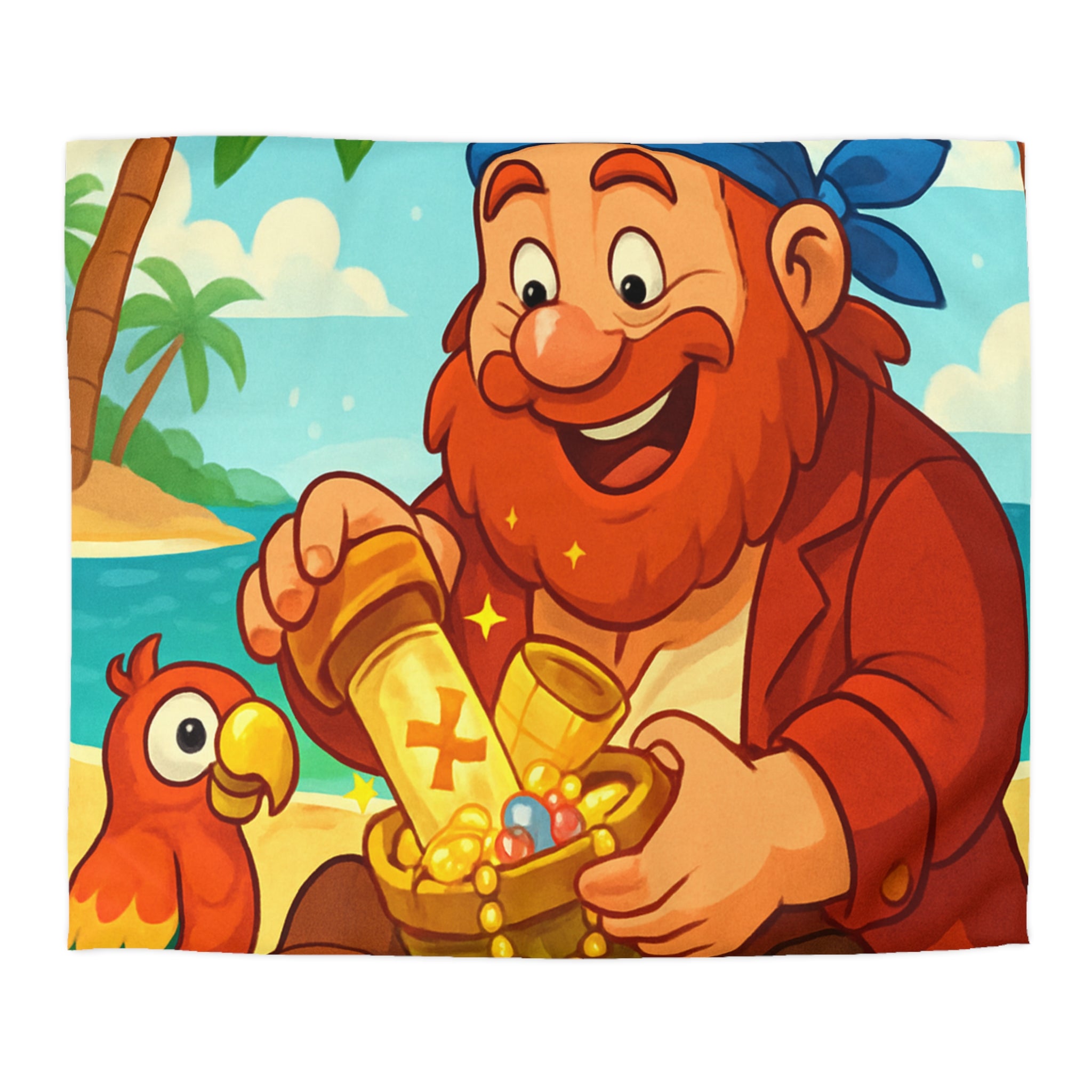 Housse de couette pirate joyeux trésor plage, perroquet coloré, mer et palmiers