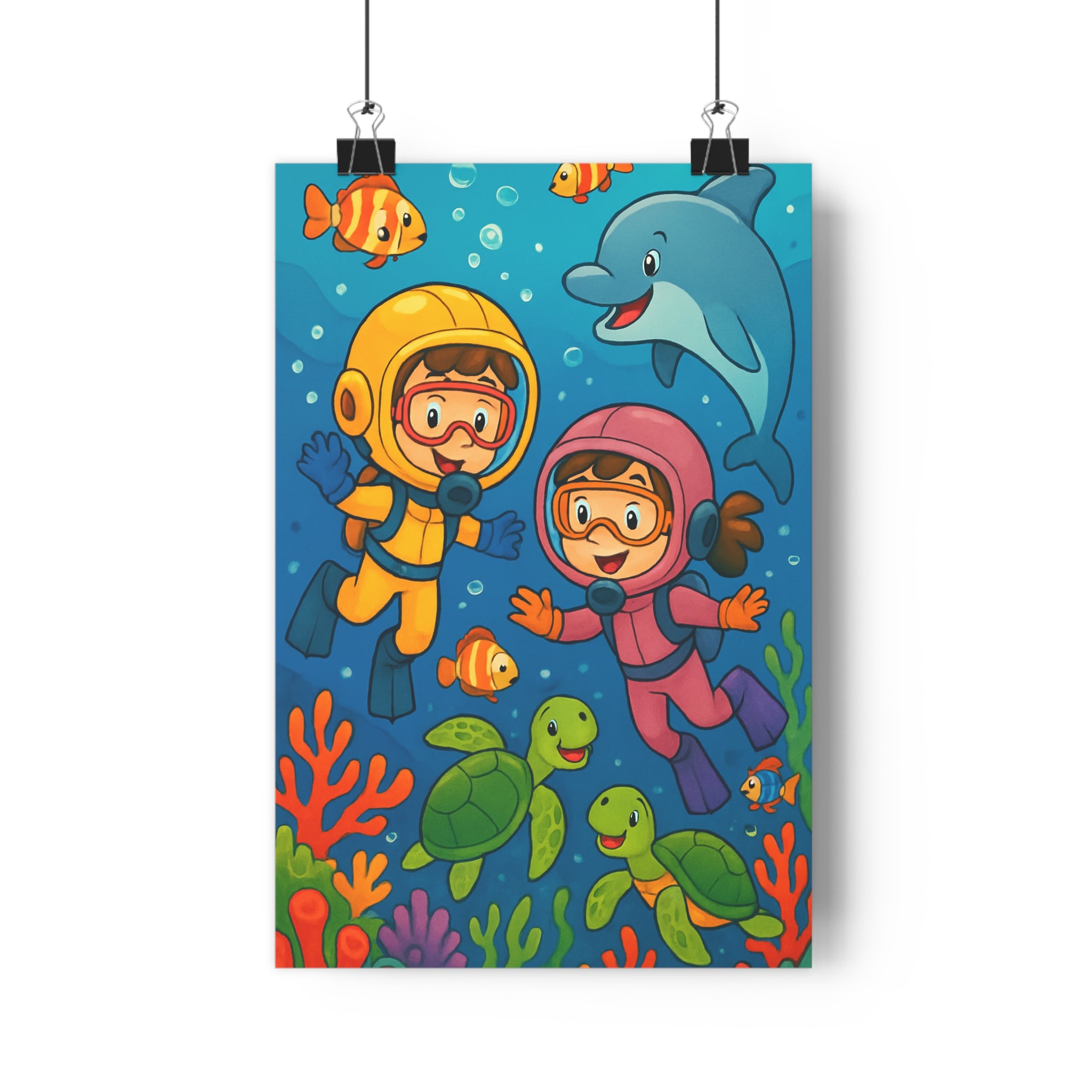 Poster décoratif cartoon coloré bleu océan aventure chambre enfant ludique poisson tortue dauphin joyeux