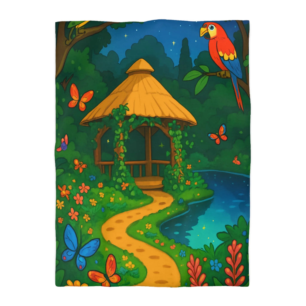 Housse de Couette Illustrée, Forêt Tropicale Nocturne avec Oiseaux et Papillons Colorés