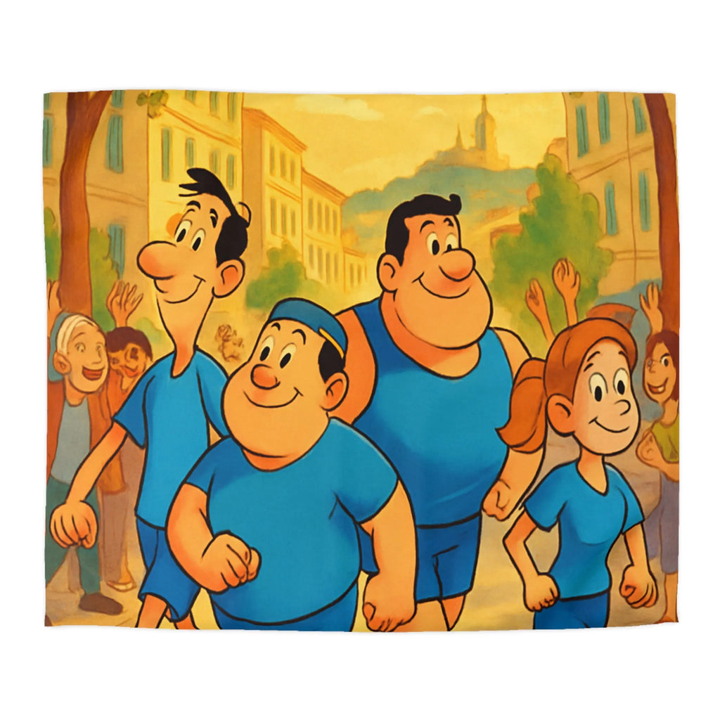 Housse de couette colorée avec personnages marchant joyeusement dans une rue animée