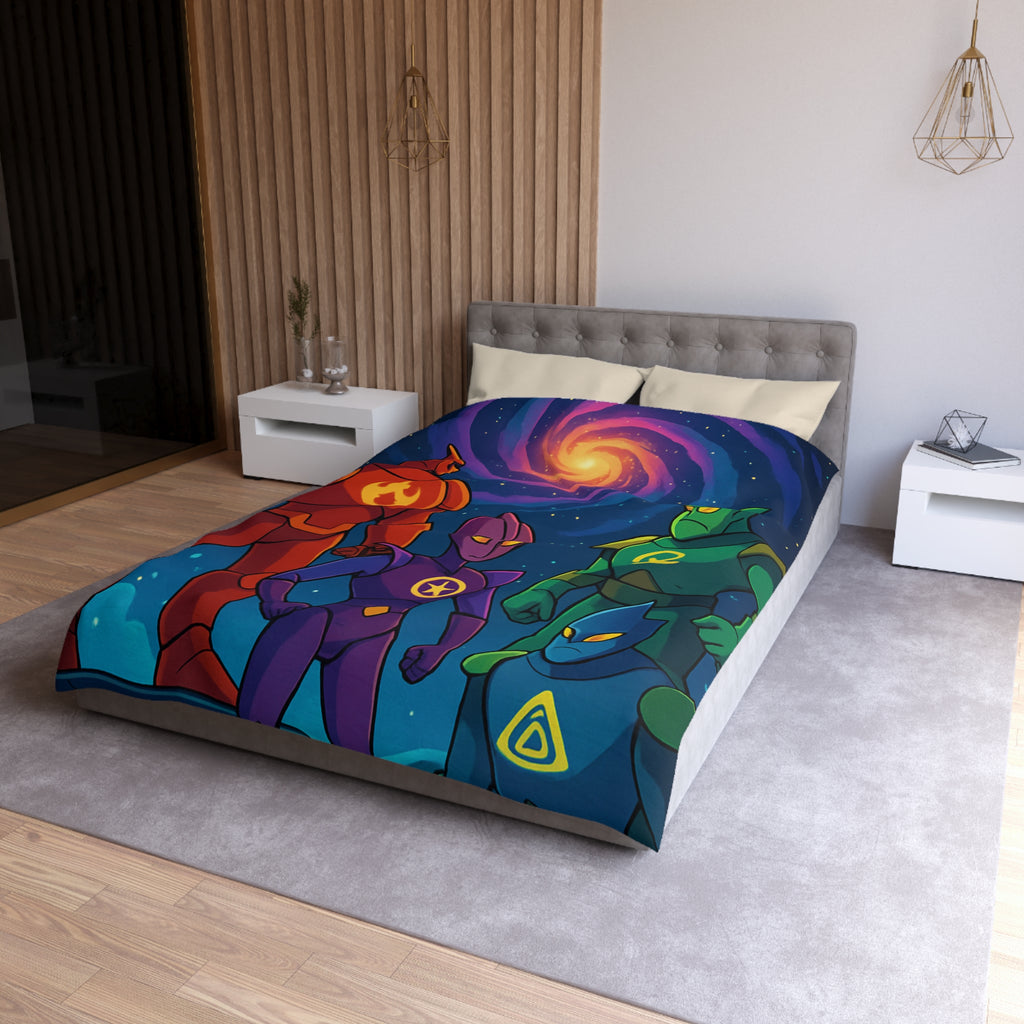 Quatre super-héros colorés avec une galaxie lumineuse, scène de science-fiction