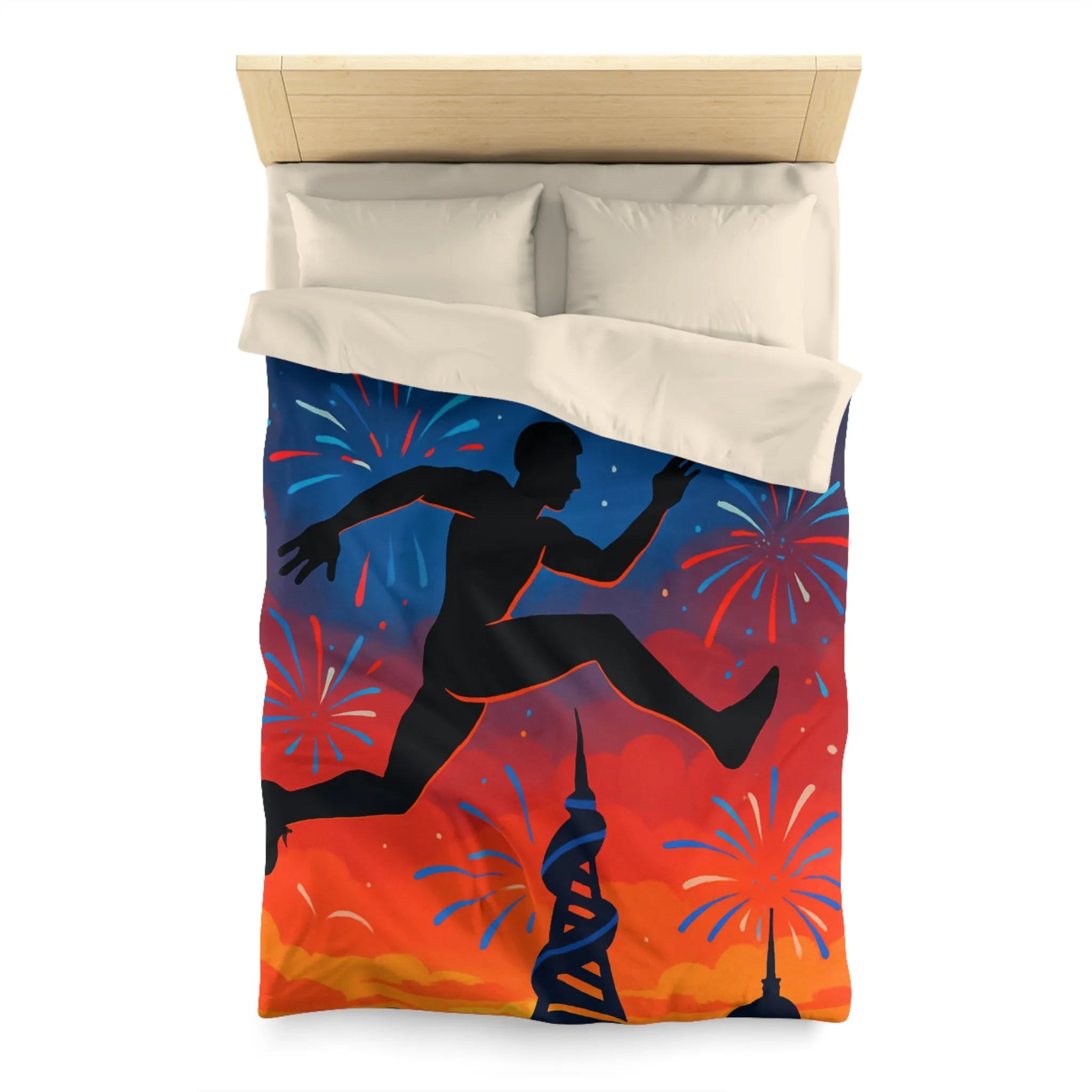 Housse de couette avec silhouette sportive et feux d'artifice, ambiance nocturne colorée