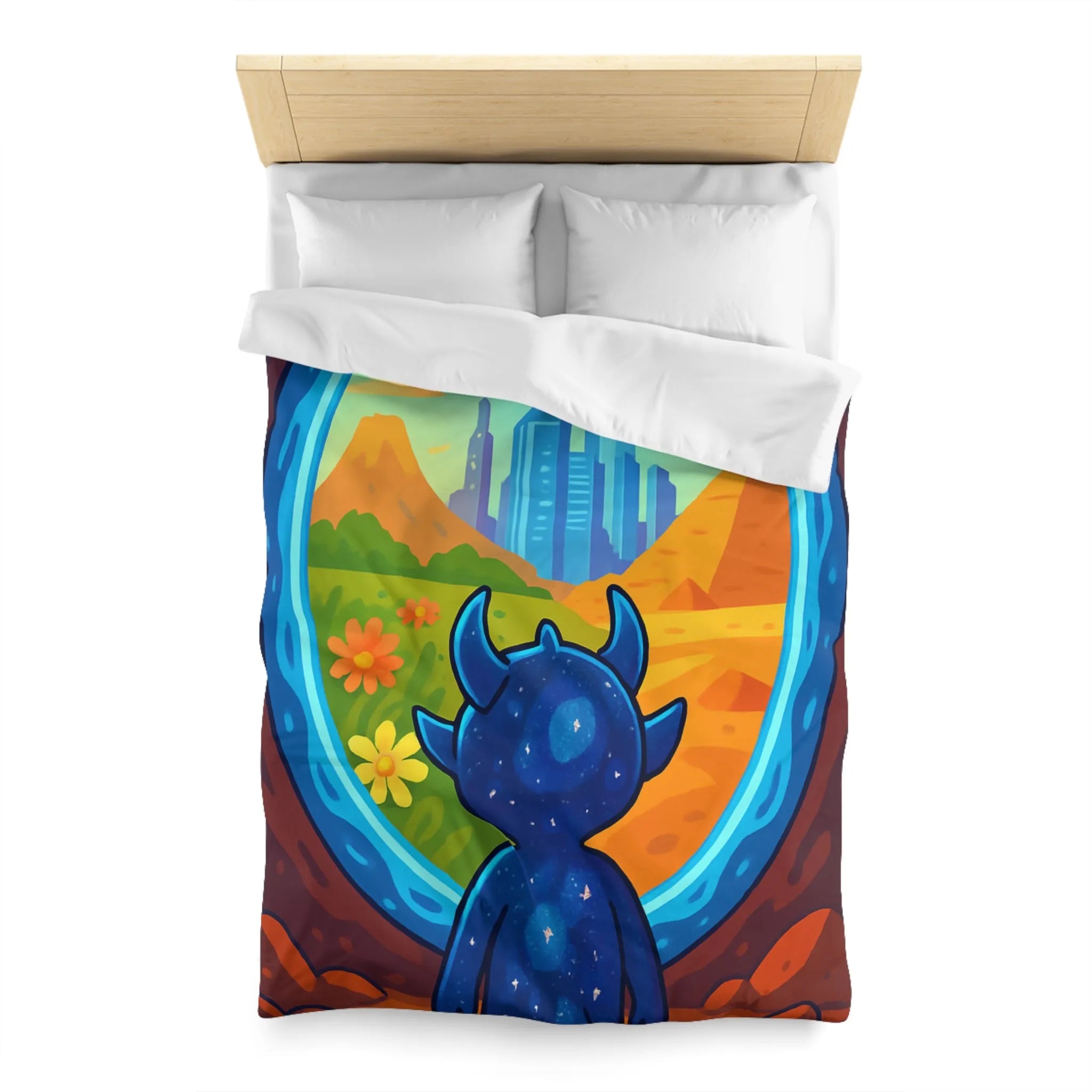 Housse de couette colorée avec créature cosmique et paysage futuriste magique