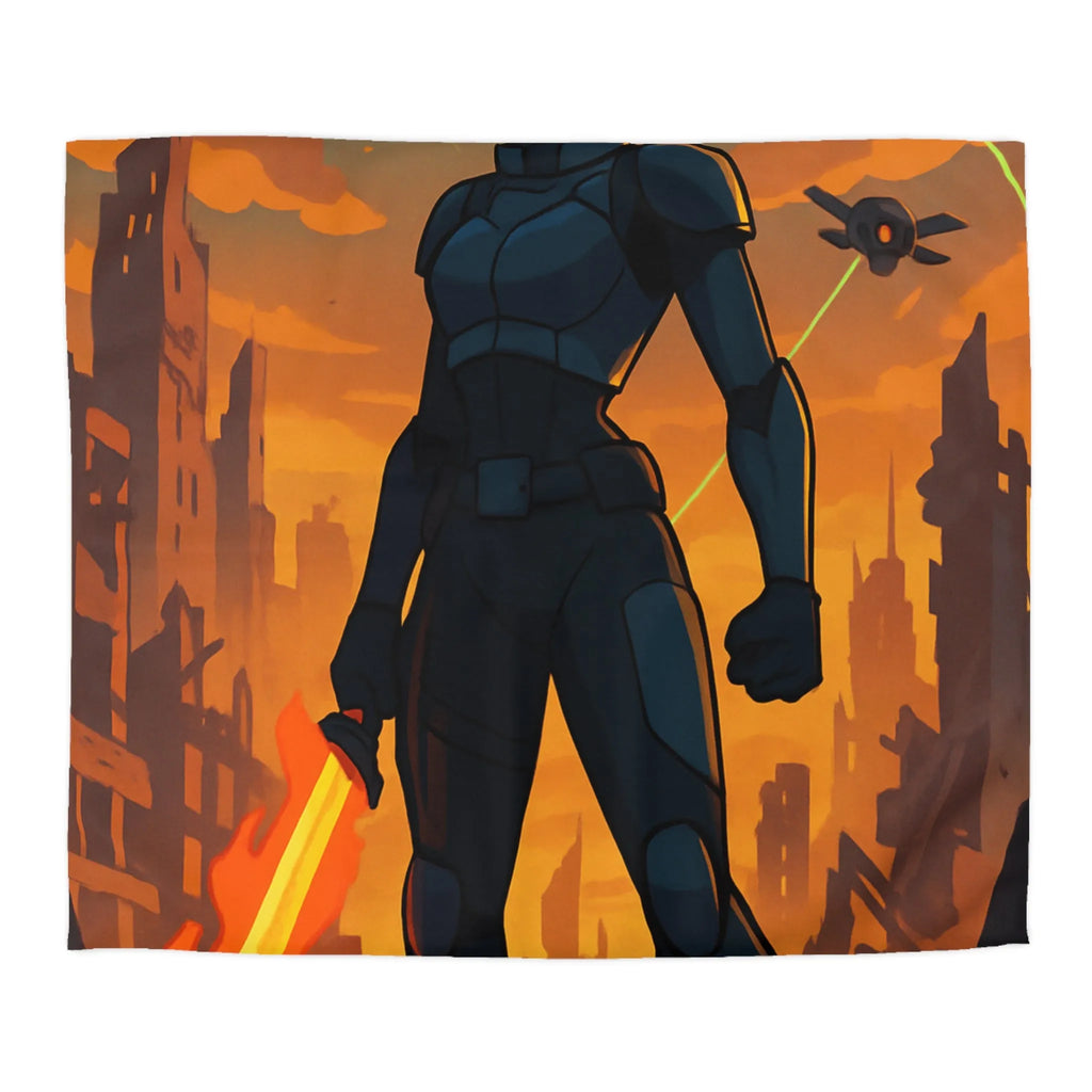 Housse de couette héroïque avec guerrier futuriste, drones volants et paysage apocalyptique