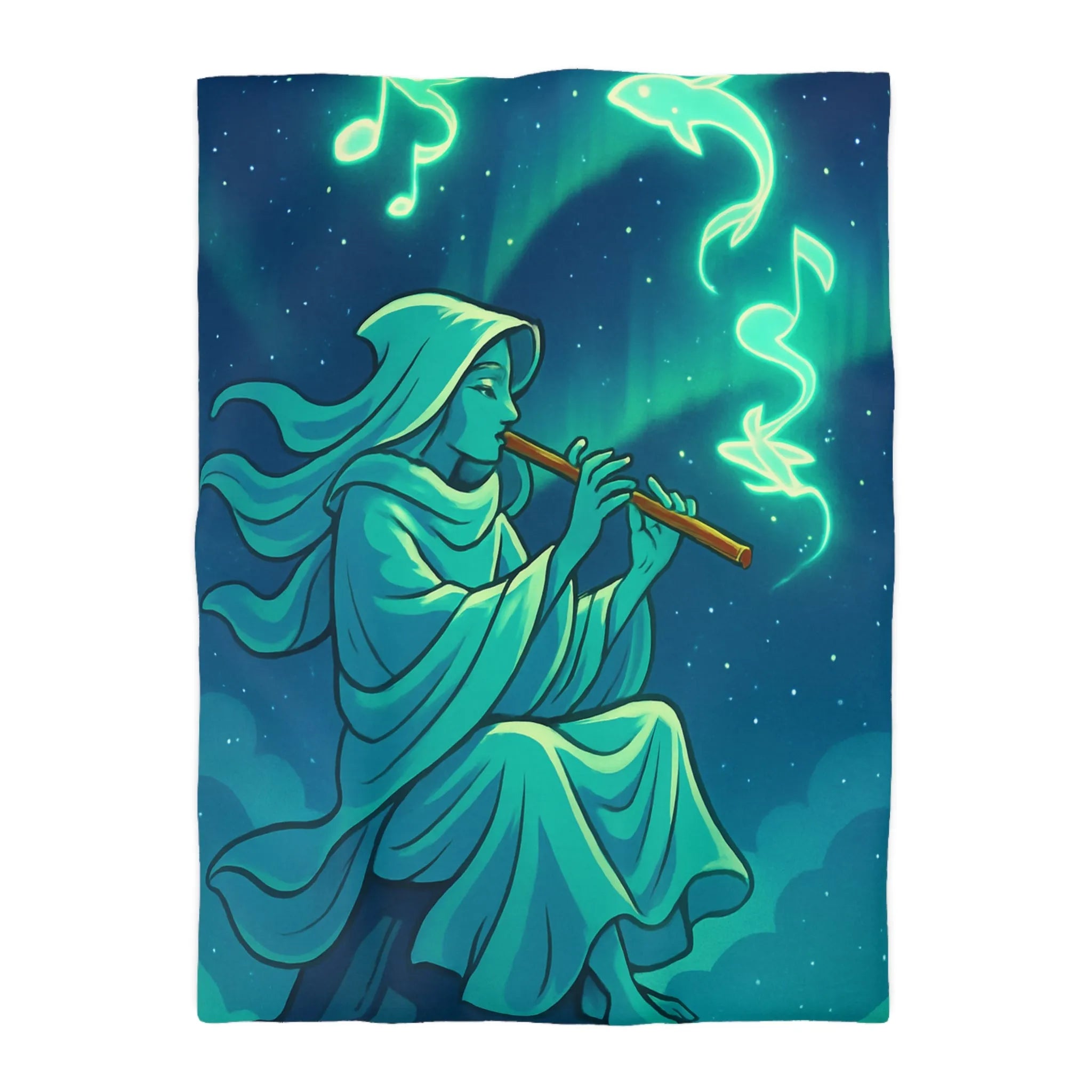 Housse de couette magique avec joueur de flûte créant des formes lumineuses célestes