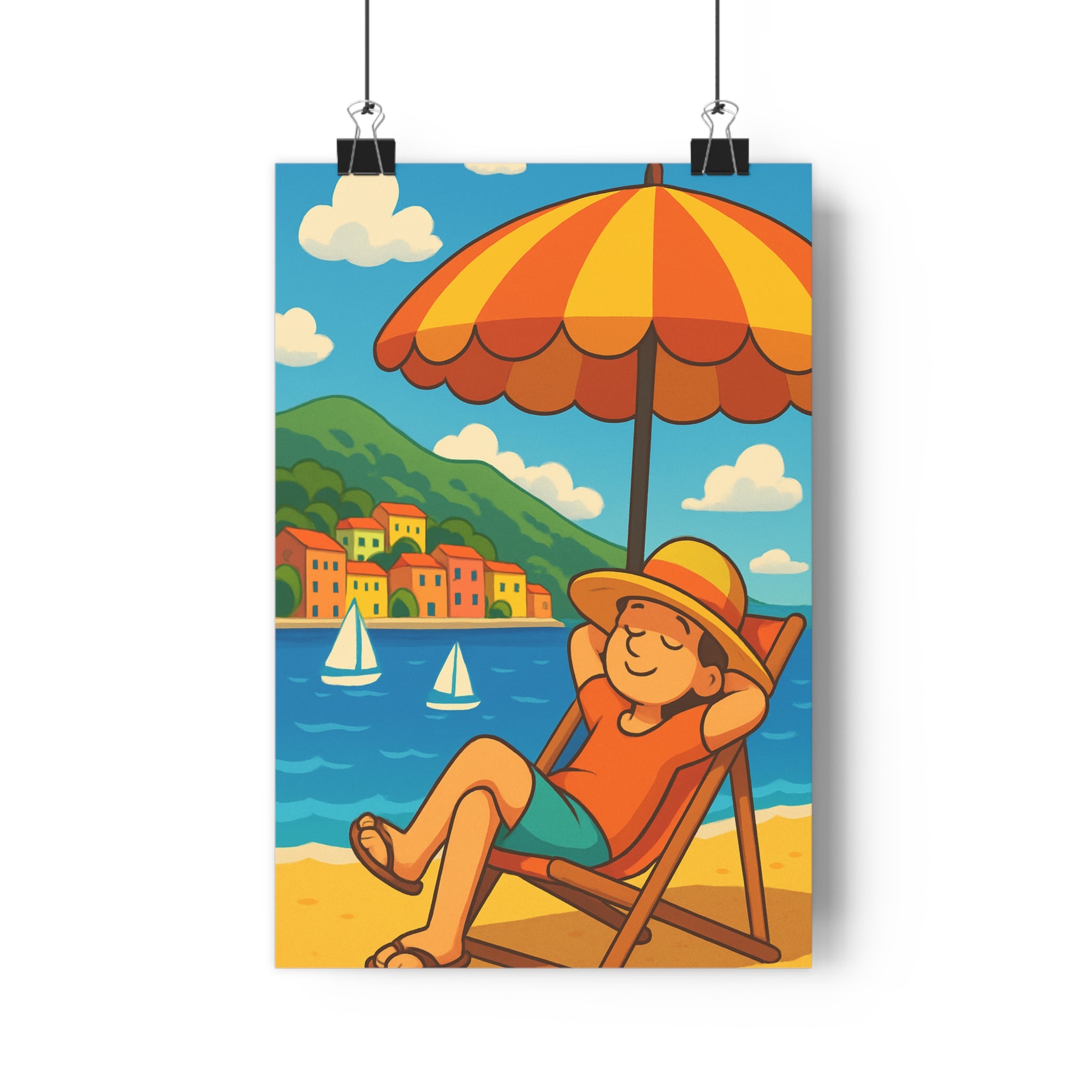 Poster décoratif pastel plage mer bleu jaune cartoon joyeux salon bureau moderne détendu élégant