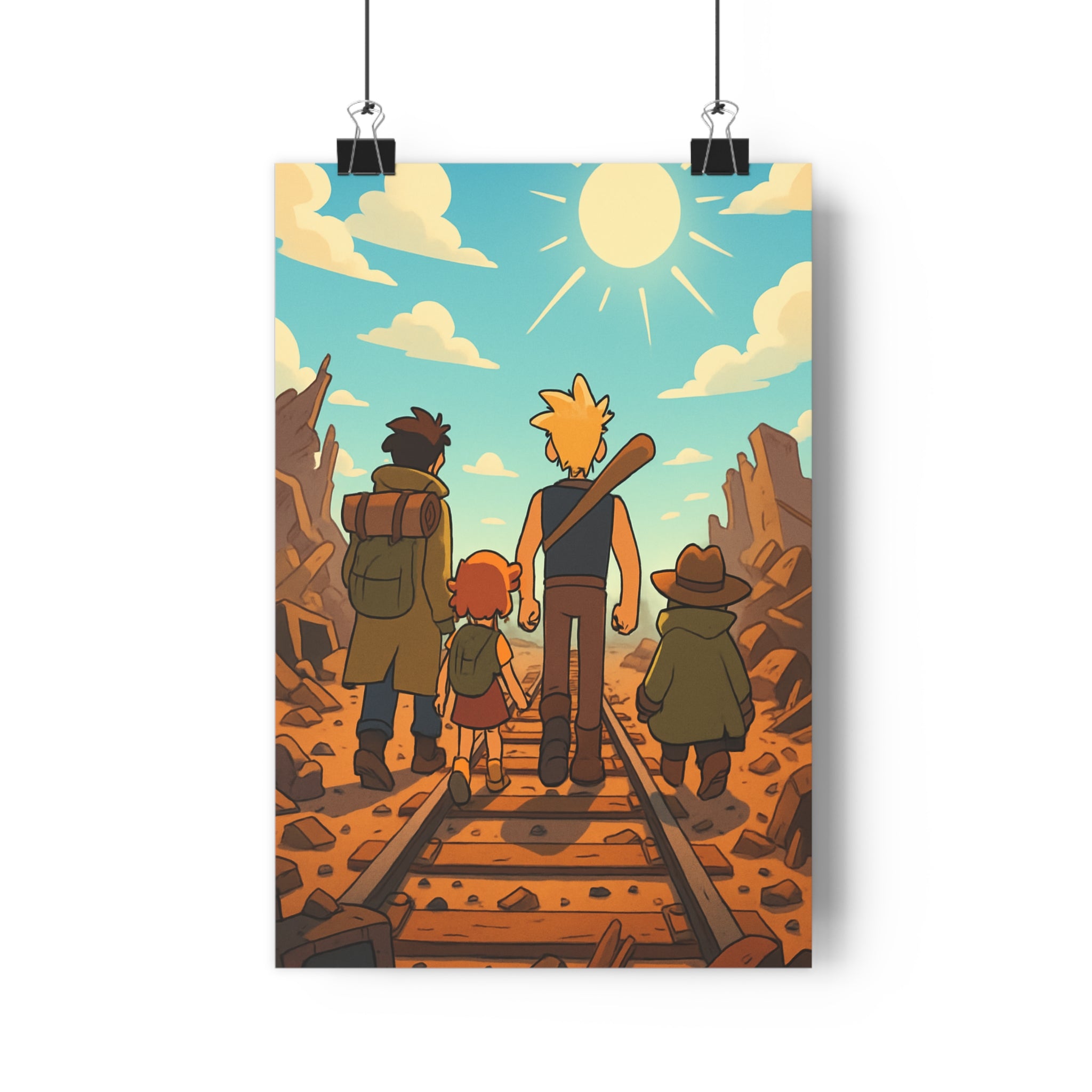 Poster décoratif animé personnages coloré aventure espoir salon chambre vibrant audacieux paysage rocheux lumineux