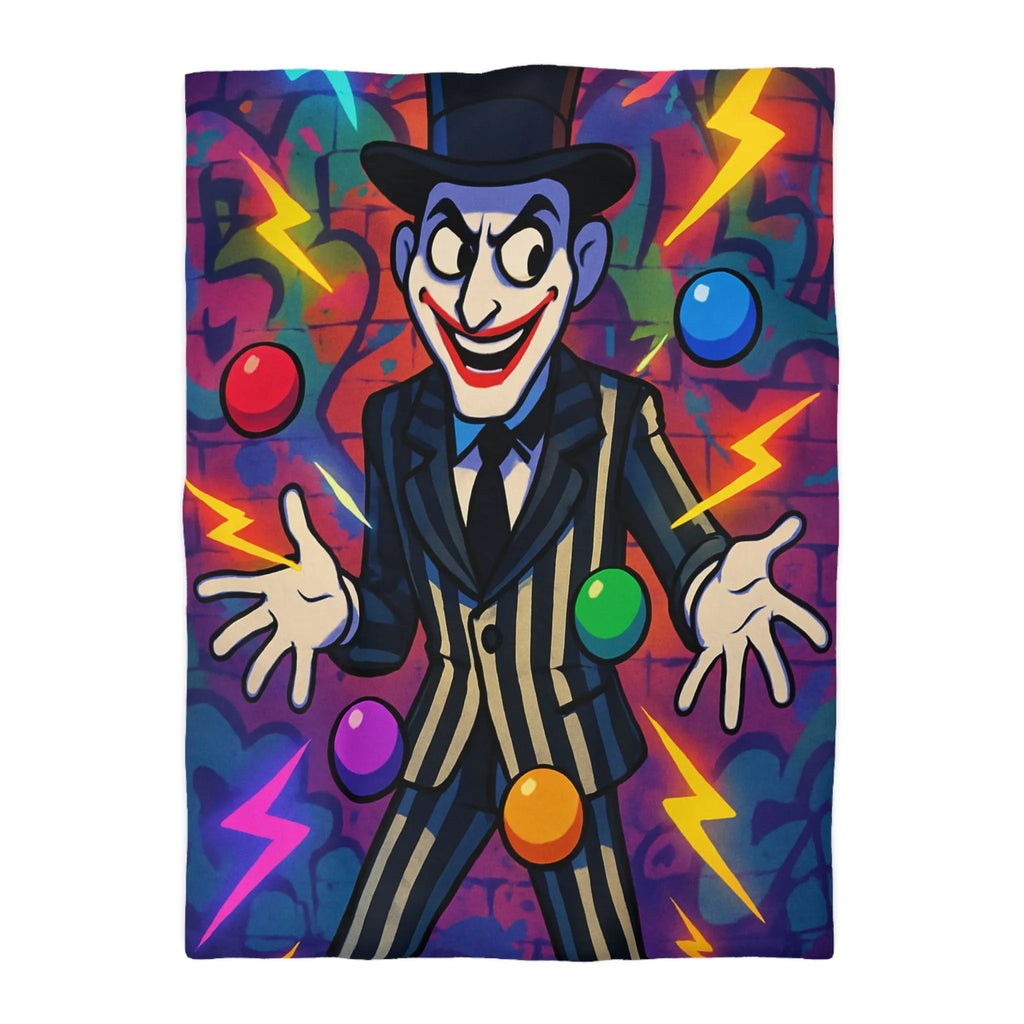 Housse de couette clown rayé jonglant avec des éclairs et des formes colorées