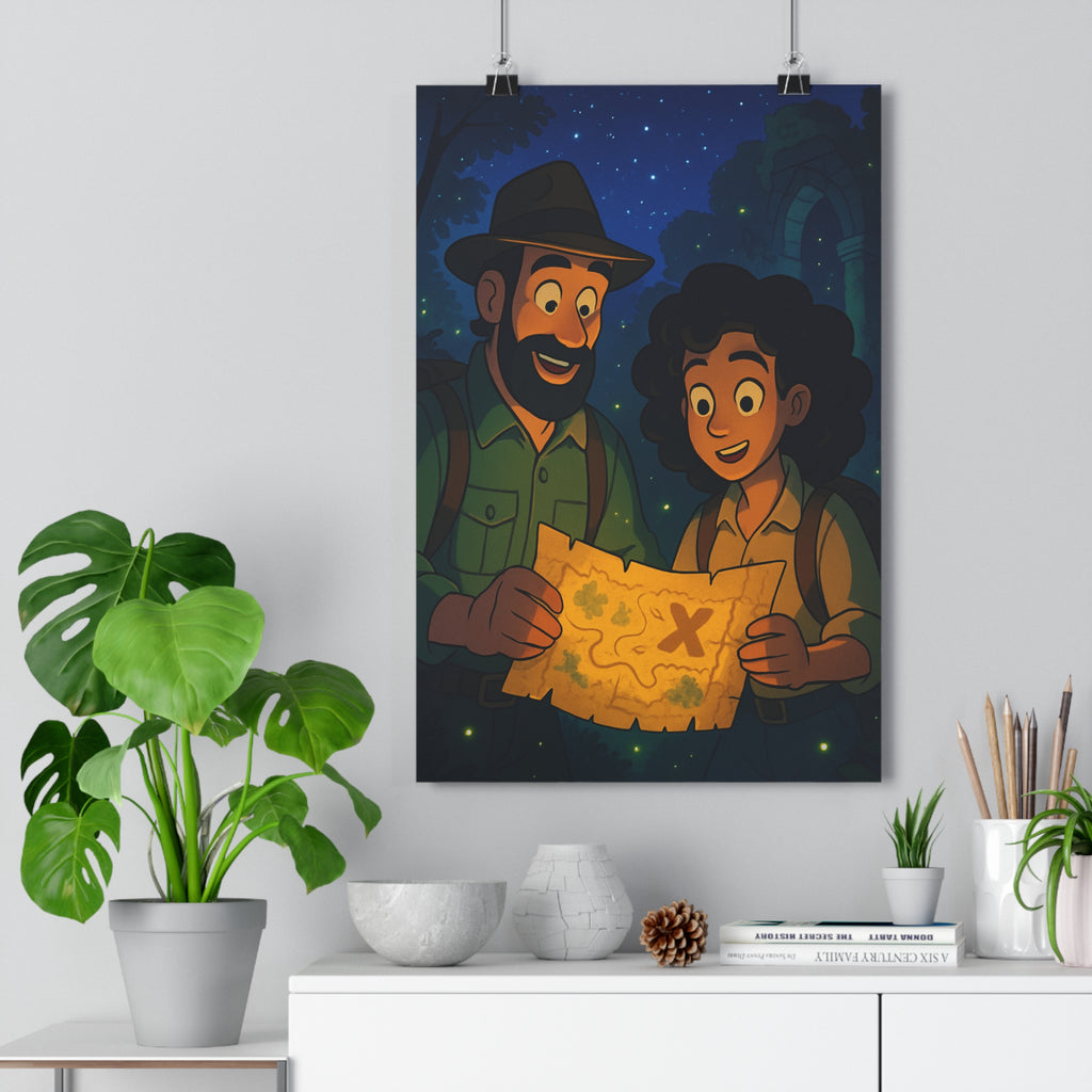 Poster décoratif forêt mystérieuse aventure explorateur curieux cartoon couleurs riches salon chambre bureau qualité