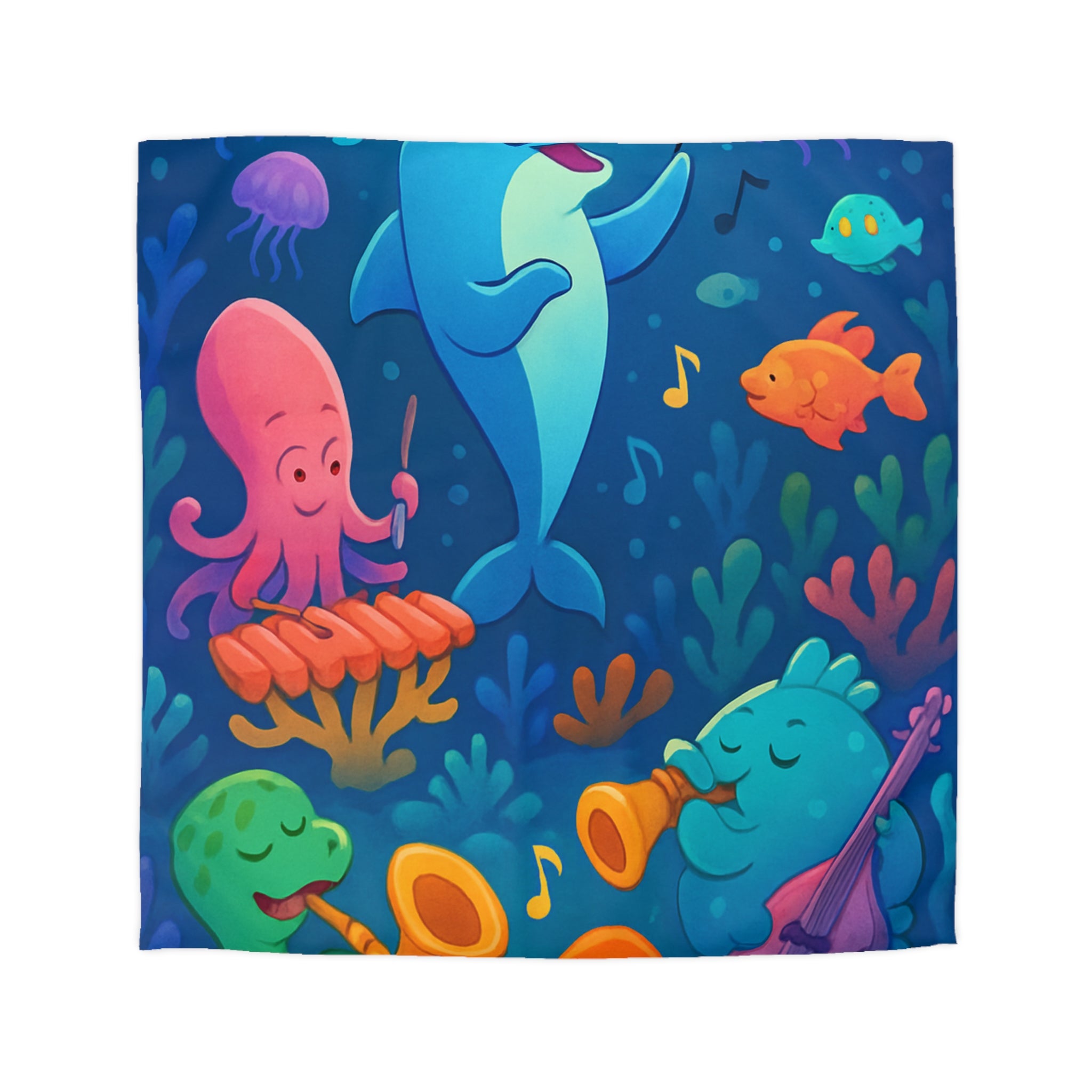 Housse de couette océan joyeux avec animaux marins et notes musicales colorées