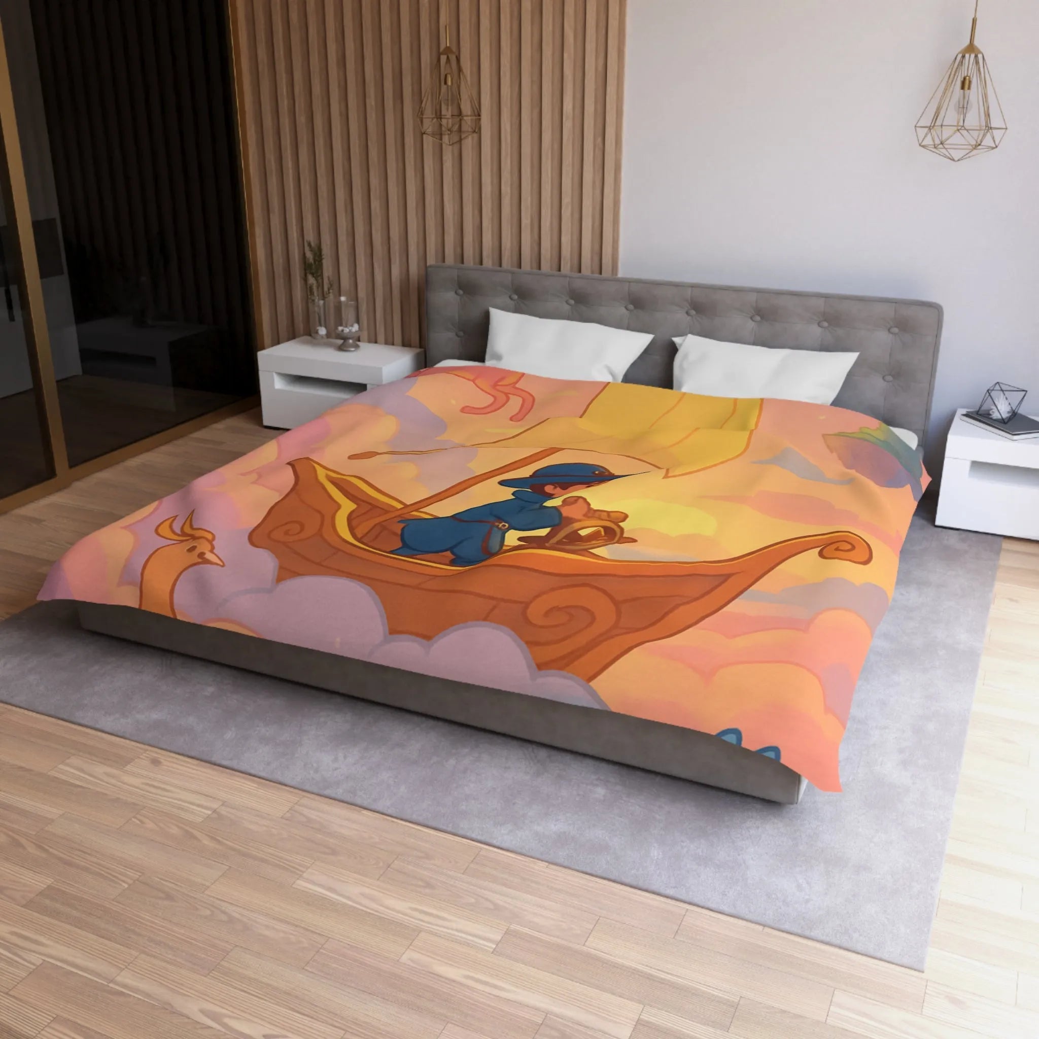 Housse de Couette Enchantée Avec Licorne et Bateau Volant Dans le Ciel Éthéré