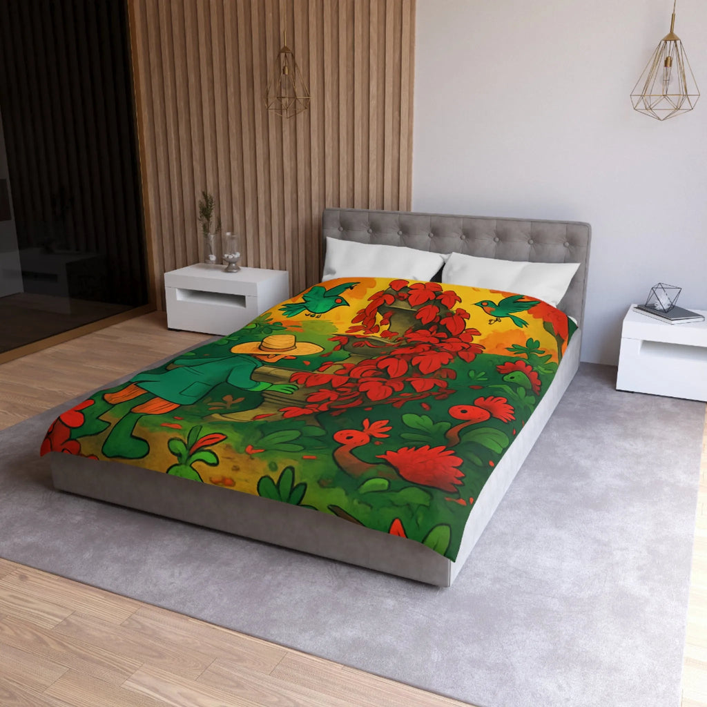 Housse de couette jardin enchanté avec fontaine et fleurs rouges pour chambre colorée