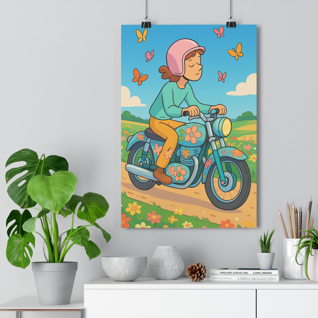 Poster décoratif rêveur pastel aventure moto papillons fleurs apaisant intérieur salon chambre format 30
