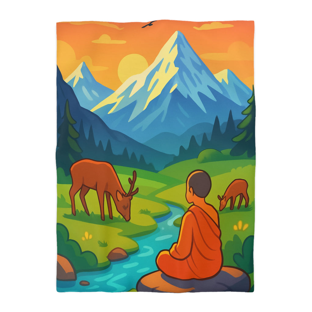 Housse de couette zen avec paysage montagneux, moine, cerfs et rivière tranquille