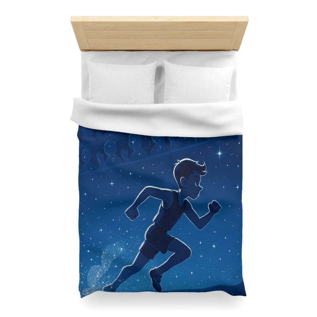 Housse de couette bleue nuit avec silhouette d'enfant courant sous ciel étoilé