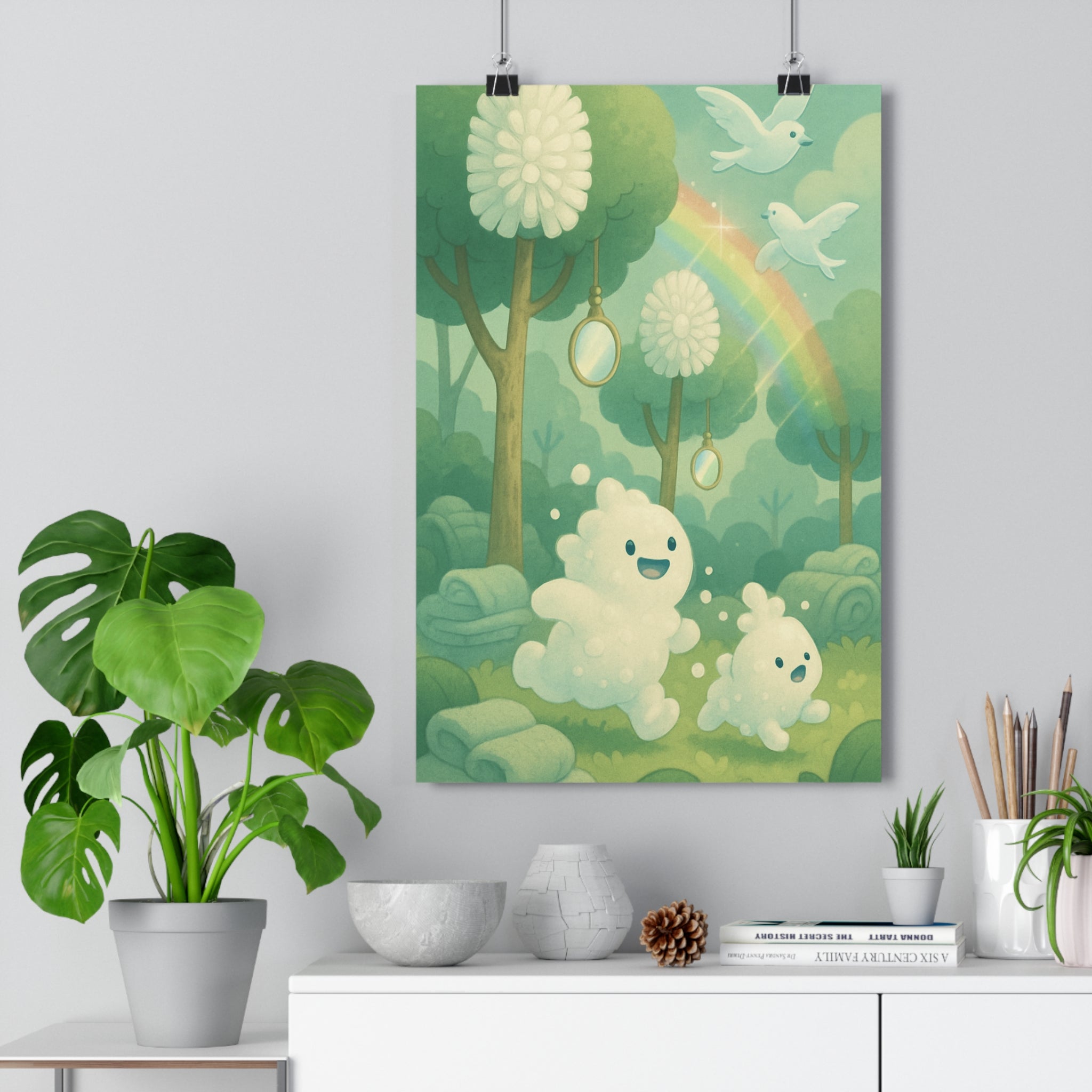 Poster décoratif cartoon bleu blanc forêt féérique joyeux enfant créature magique nature murale chambre