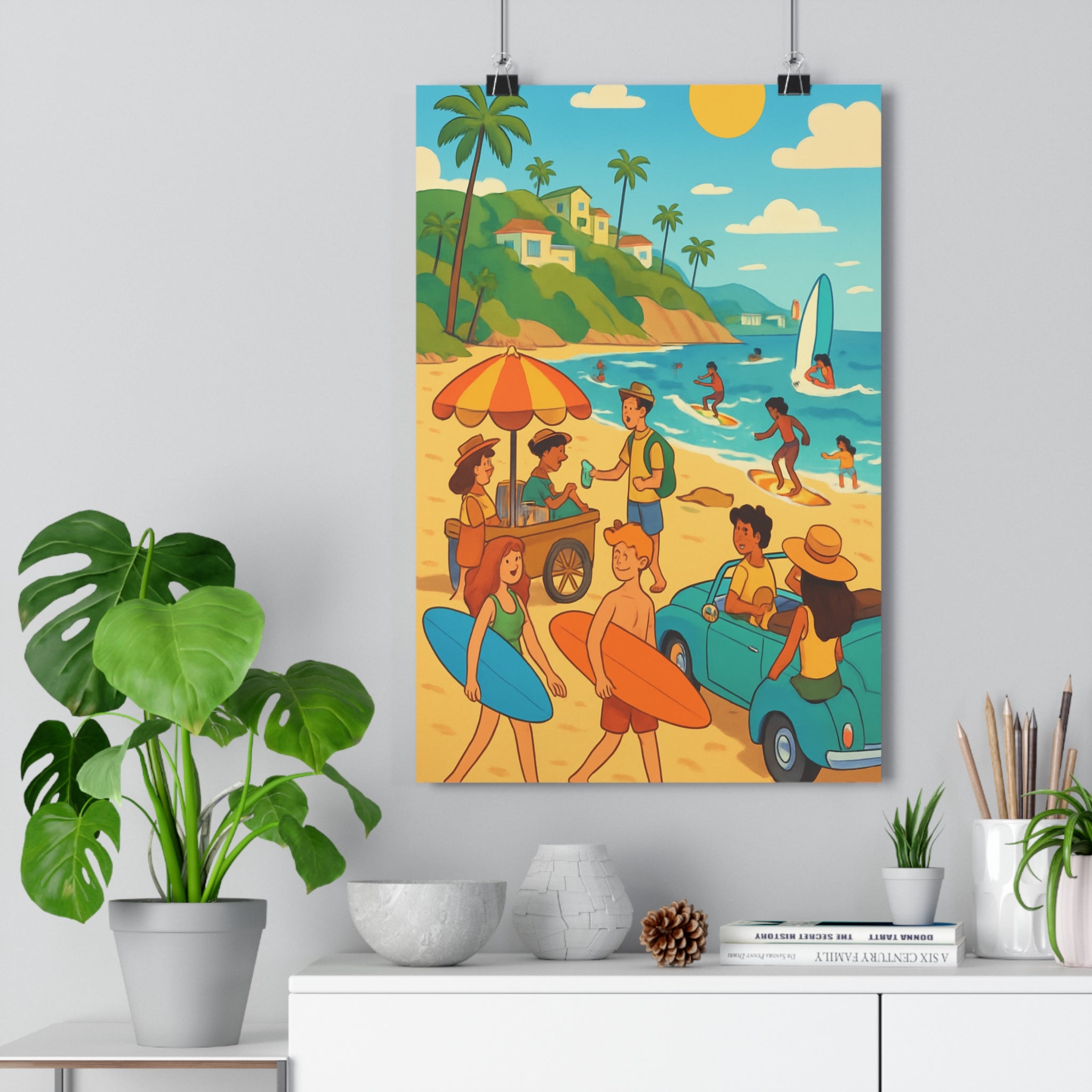 Poster décoratif rétro plage californienne surfeurs pastel bleu vert jaune salon relaxant ambiance estivale