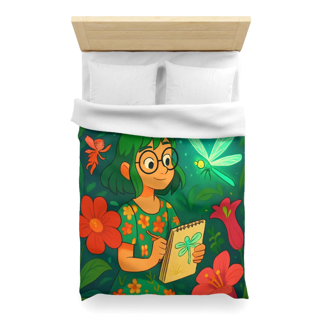 Housse de couette colorée avec fées et libellule dans un jardin enchanteur