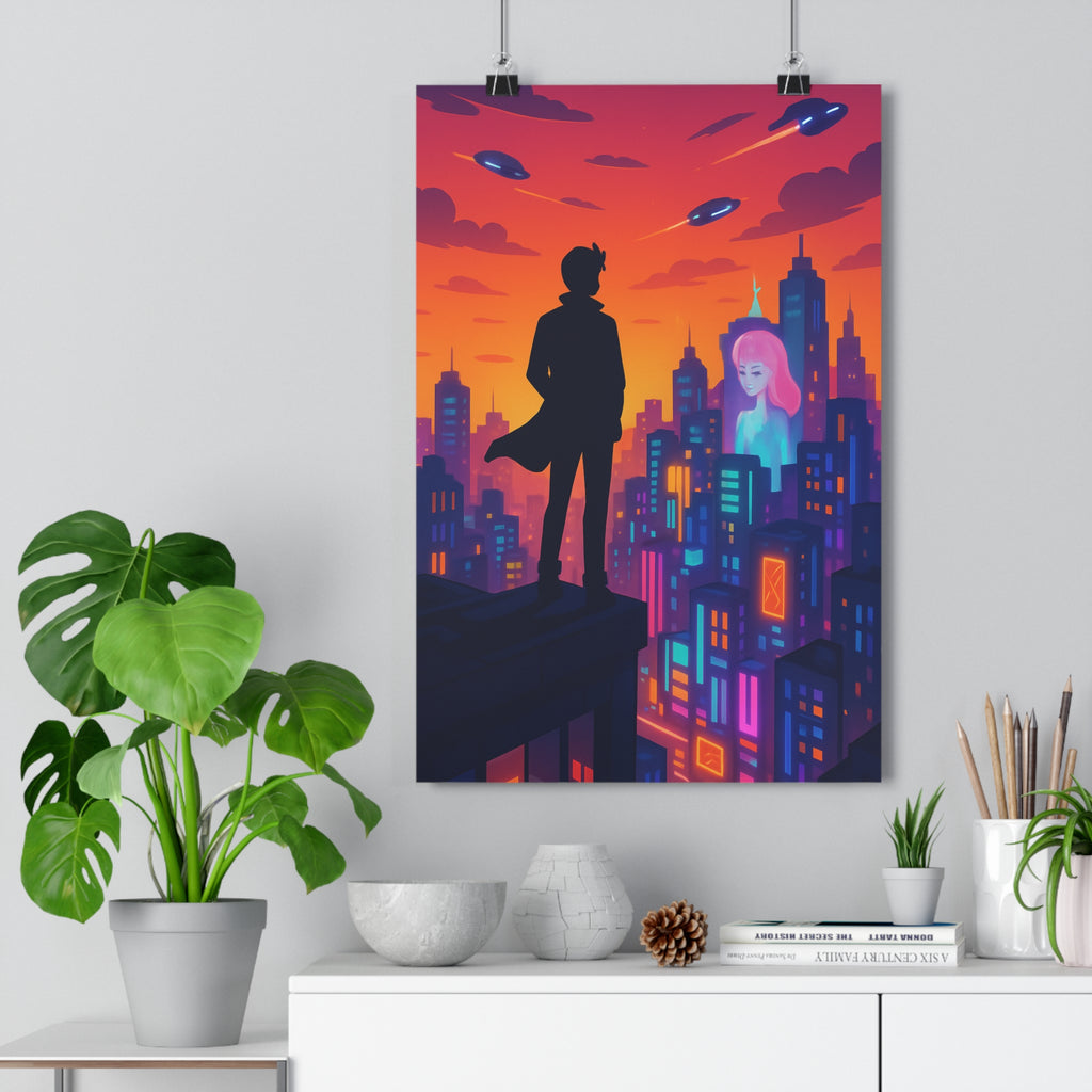 Poster décoratif futuriste néon vibrant orange violet urbain animé moderne salon bureau tendance unique