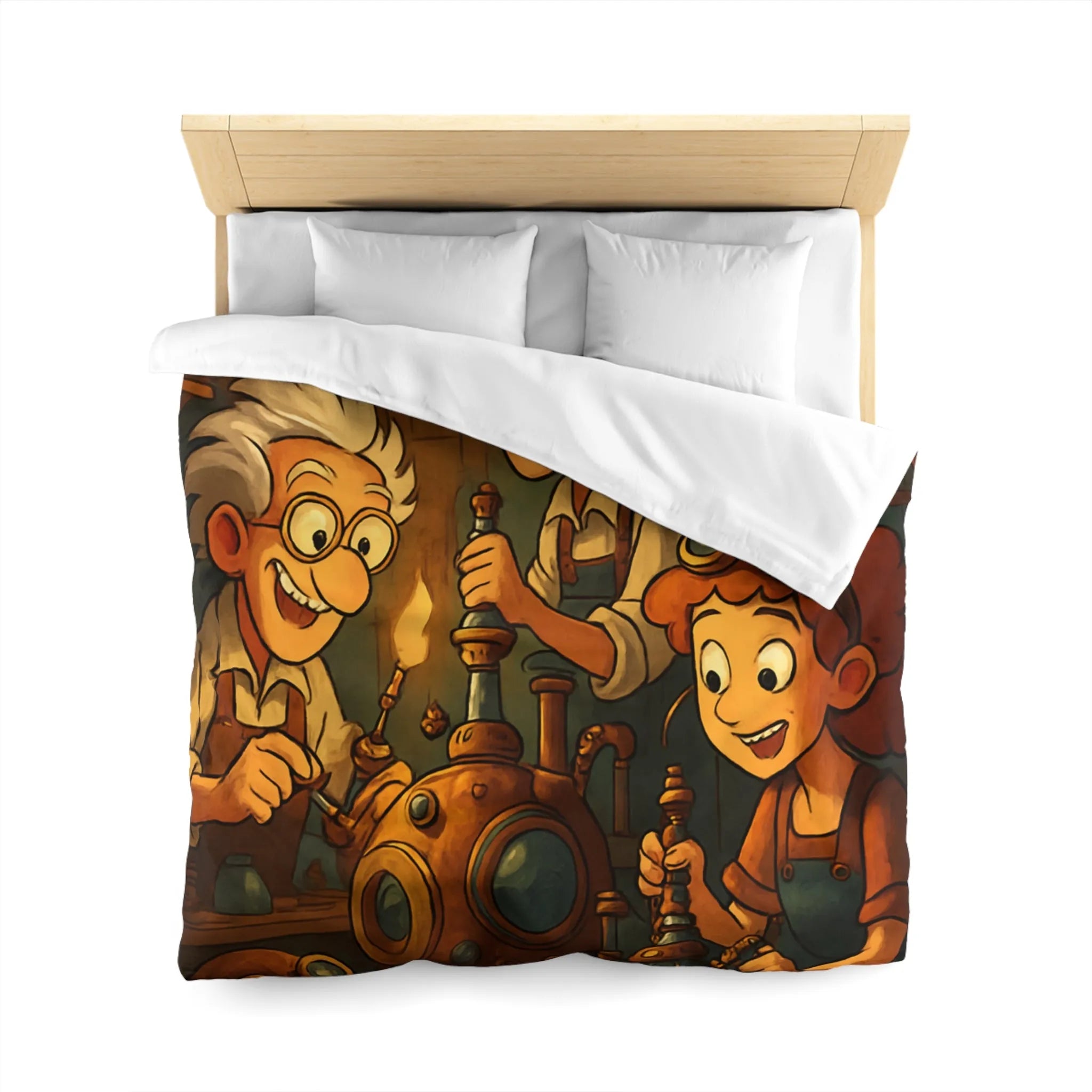 Housse de couette illustrée steampunk avec personnages inventeurs et machines dans atelier