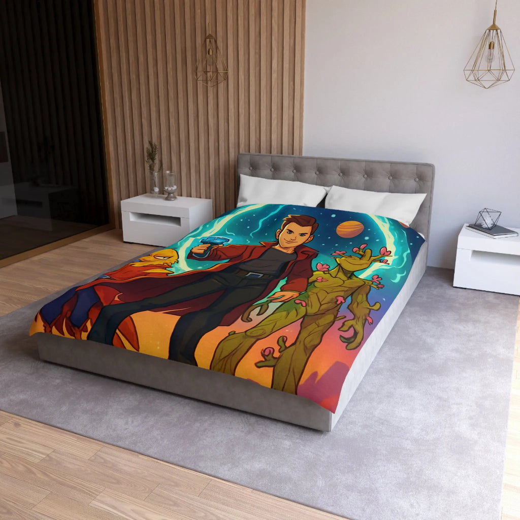 Housse de couette espace avec personnages héroïques colorés et univers rétro futuriste