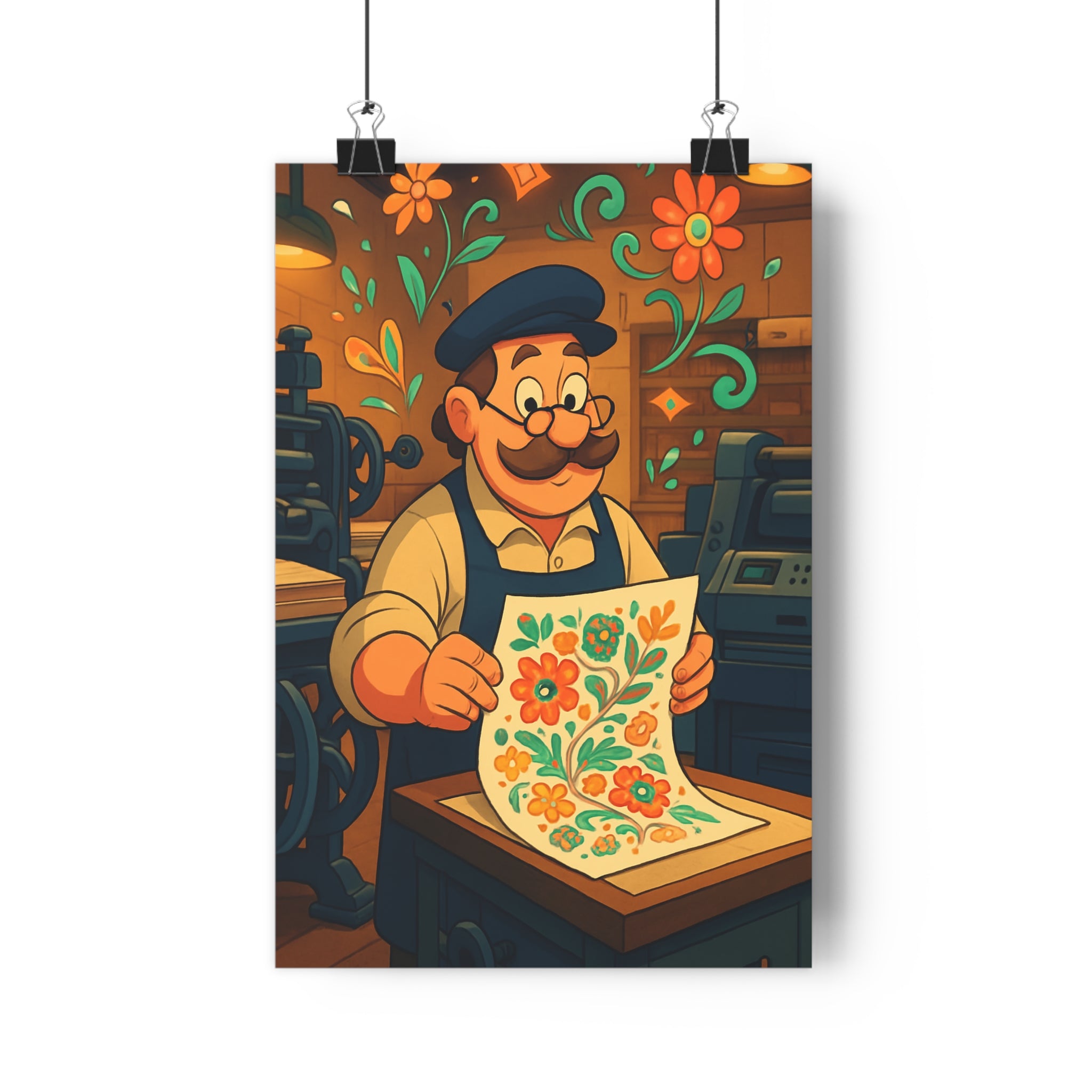 Poster décoratif vintage cartoon bleu orange vert atelier bureau créatif industriel chaleureux 30x46 cm