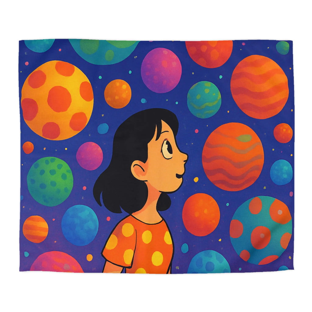 Housse de couette colorée avec motif de planètes et enfant rêveur dans l'espace