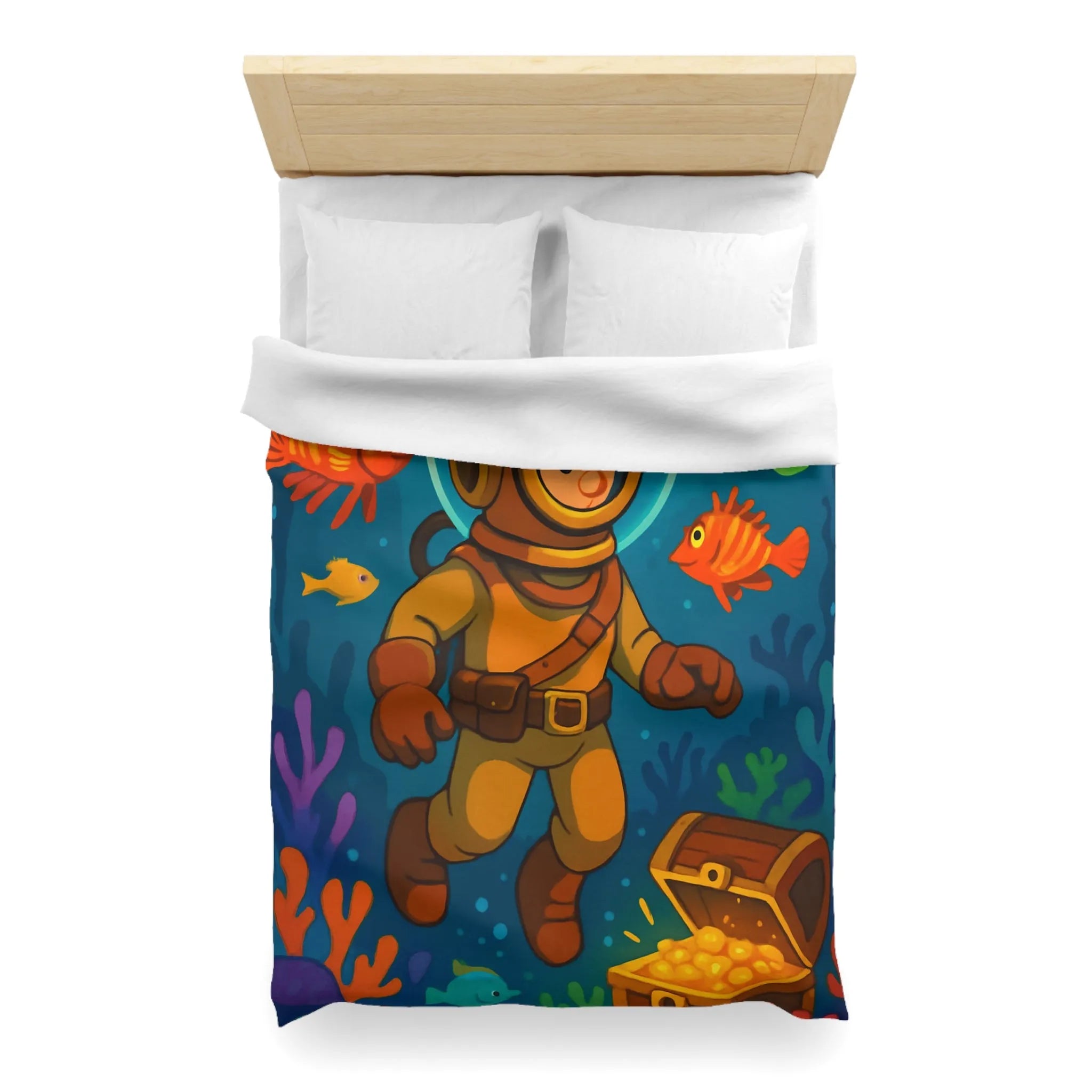 Housse de couette enfant aventure sous-marine avec plongeur et trésor coloré en dessin animé
