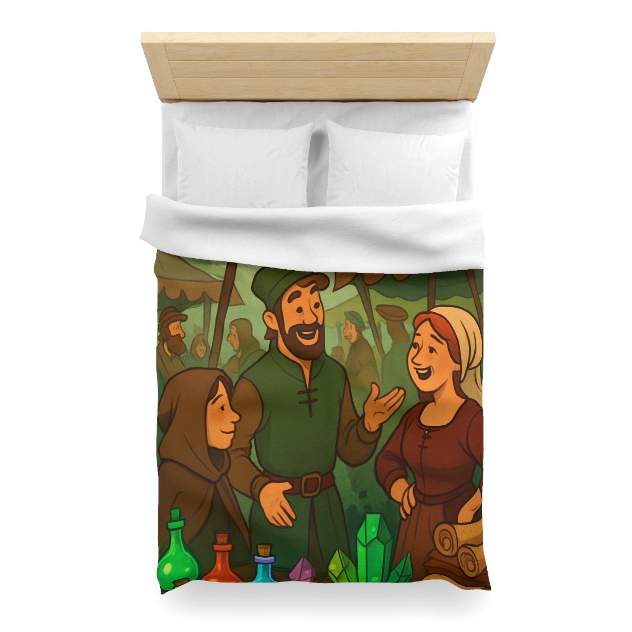 Housse de couette thème médiéval avec château, marché animé et potions colorées
