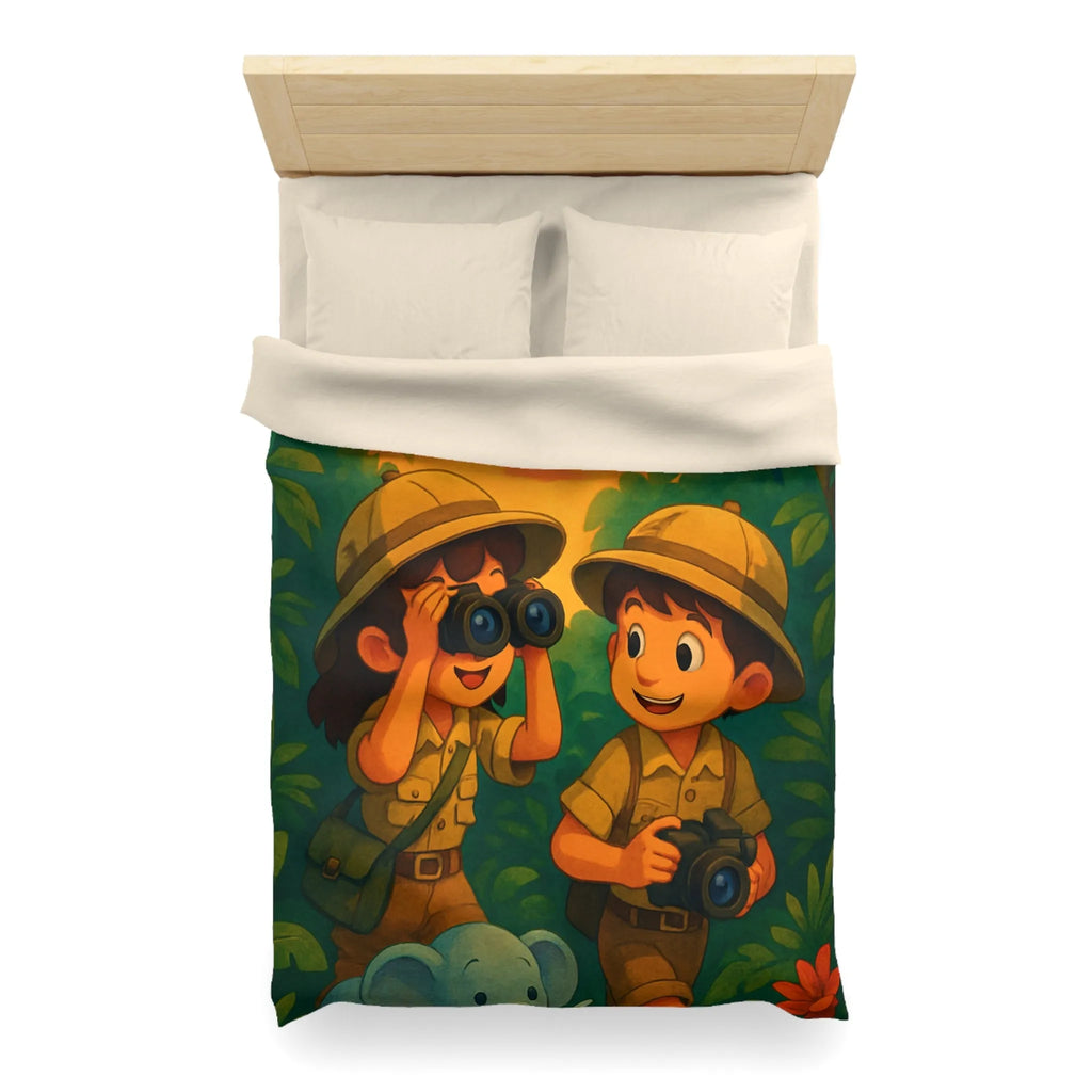 Housse de couette jungle colorée avec enfants explorateurs, perroquet et éléphant mignon