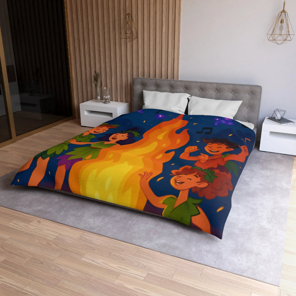 Housse de couette joyeuse autour d'un feu de camp avec enfants et raisins dansants