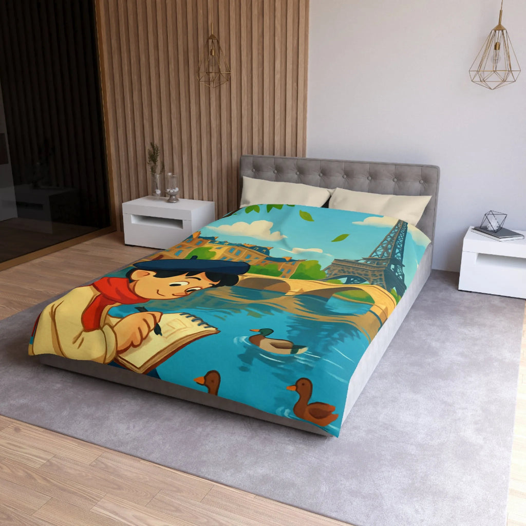 Housse de Couette Artistique Parisienne avec Enfant et Tour Eiffel au Printemps