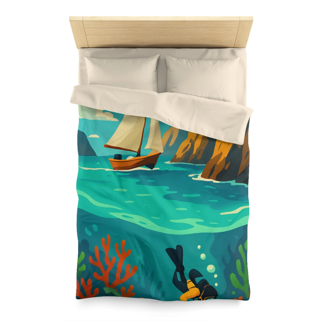 Housse de couette maritime avec plongée, voilier, falaises et récifs colorés