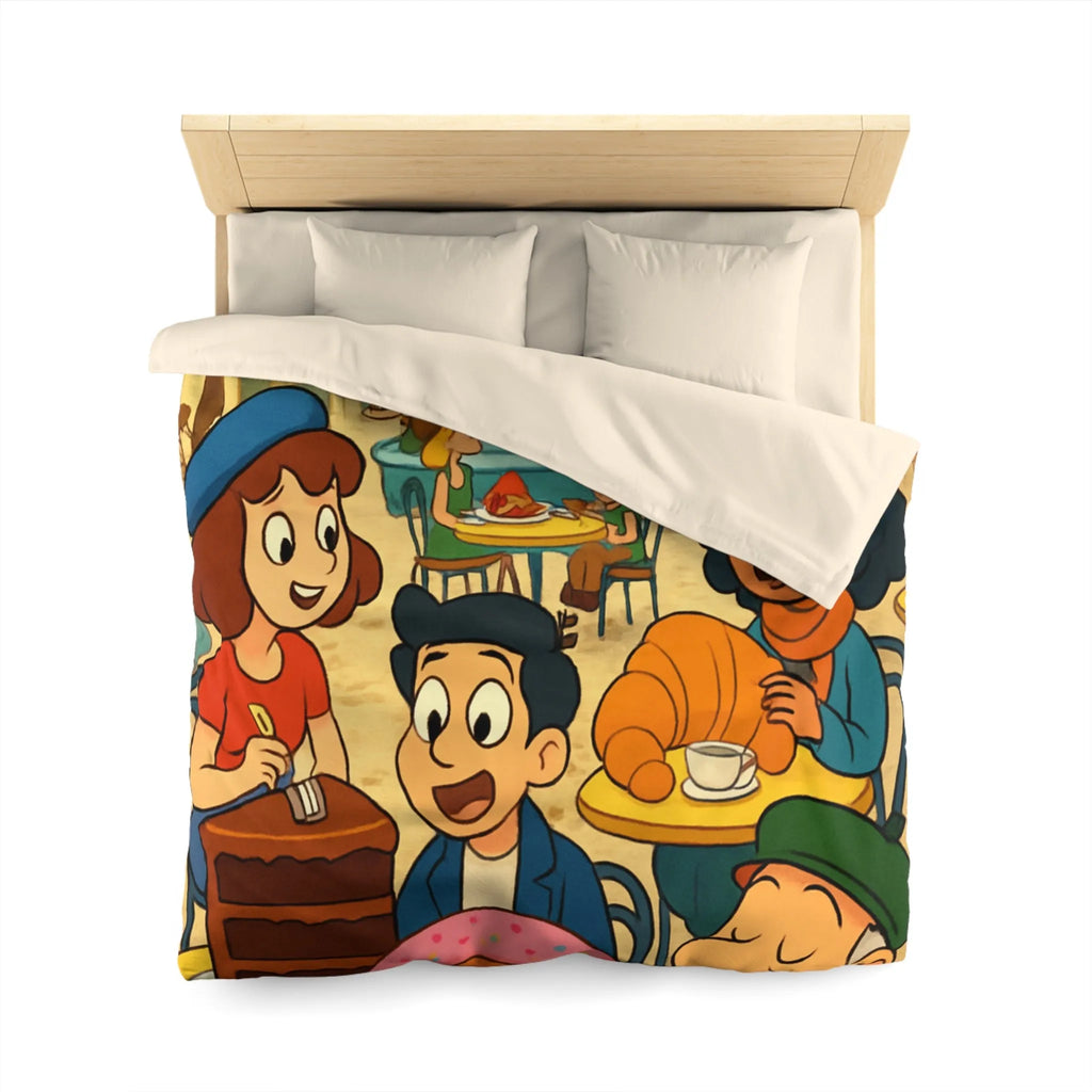 Housse de Couette Illustrée Café Parisien Déjeuner en Plein Air Ambiance Automnale Colorée