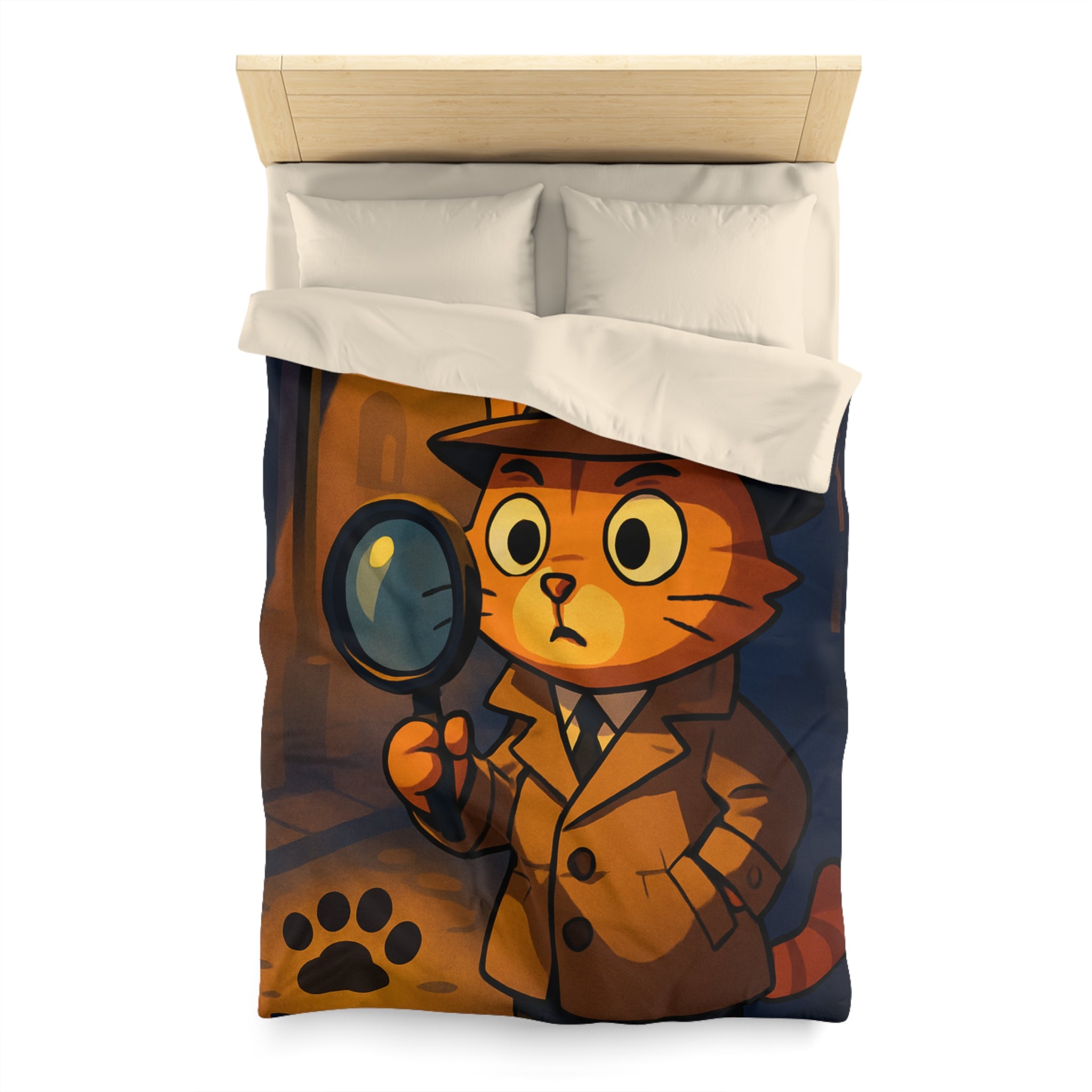Housse de couette motif chat détective illustré avec lampe et empreinte mystérieuse