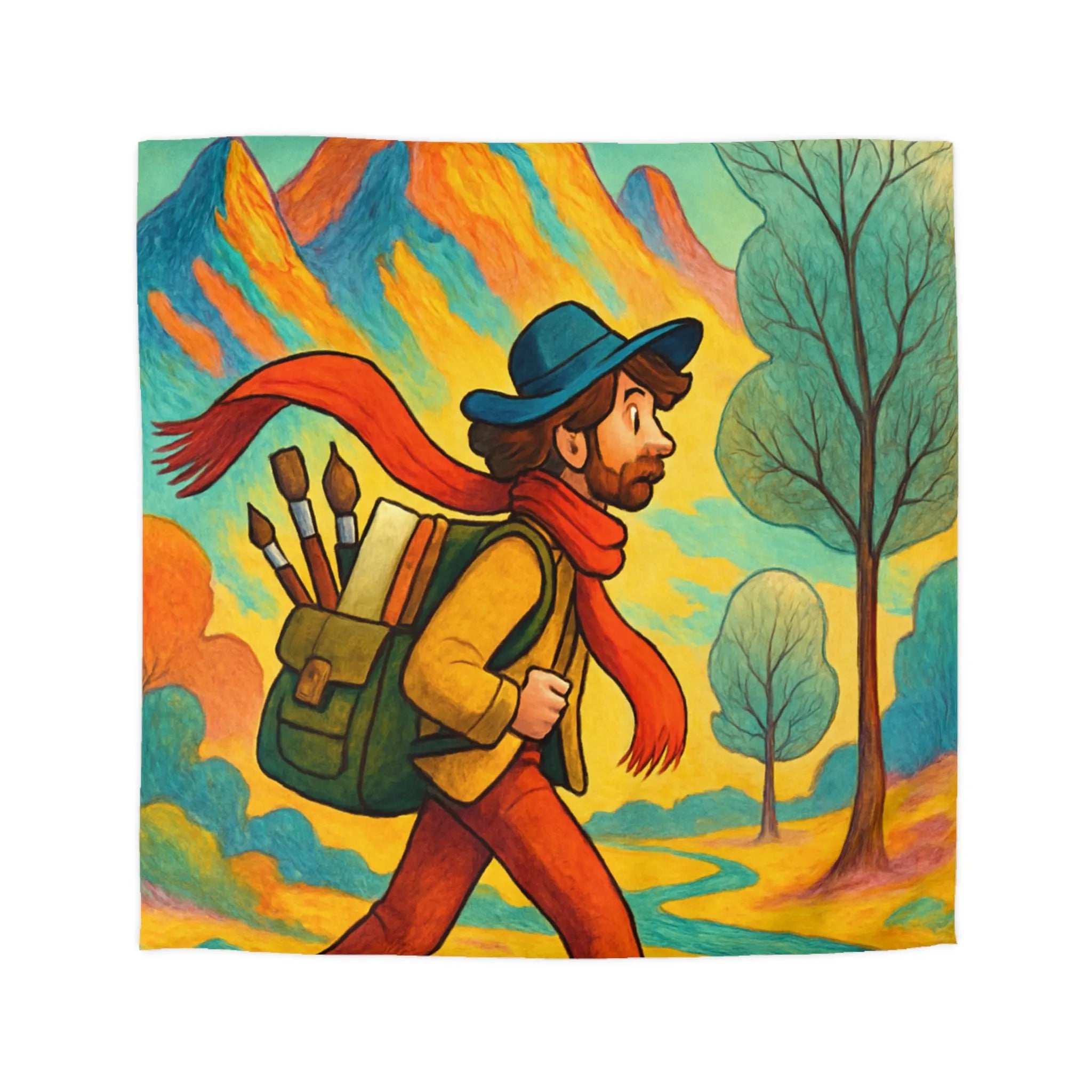Housse de couette colorée illustrant randonneur artistique en forêt montagneuse avec sac à dos