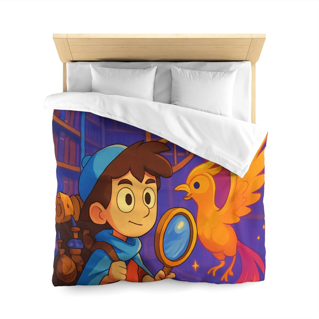 Housse de couette magique avec détective et phénix dans une bibliothèque enchanteresse